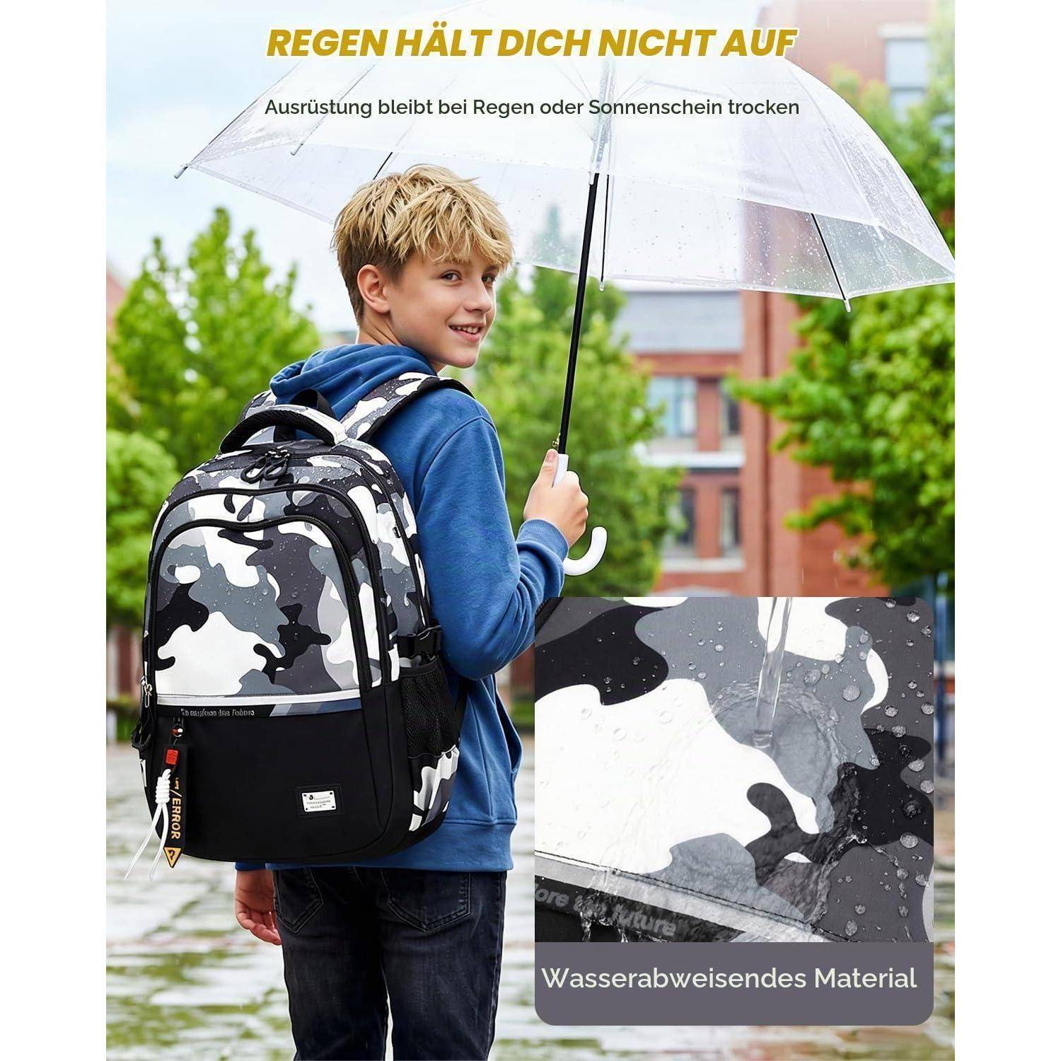 Junge mit einem Rucksack hält einen durchsichtigen Regenschirm im Regen; deutscher Text sagt, dass Regen dich nicht aufhält und hebt wasserabweisendes Material hervor.
