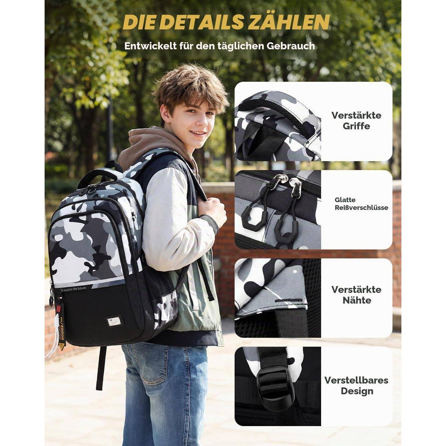 Teenager mit schwarz-weiß gemustertem Tarnrucksack im Freien; deutscher Text hebt langlebige Details hervor: verstärkte Griffe, glatte Reißverschlüsse, verstärkte Nähte, verstellbares Design.