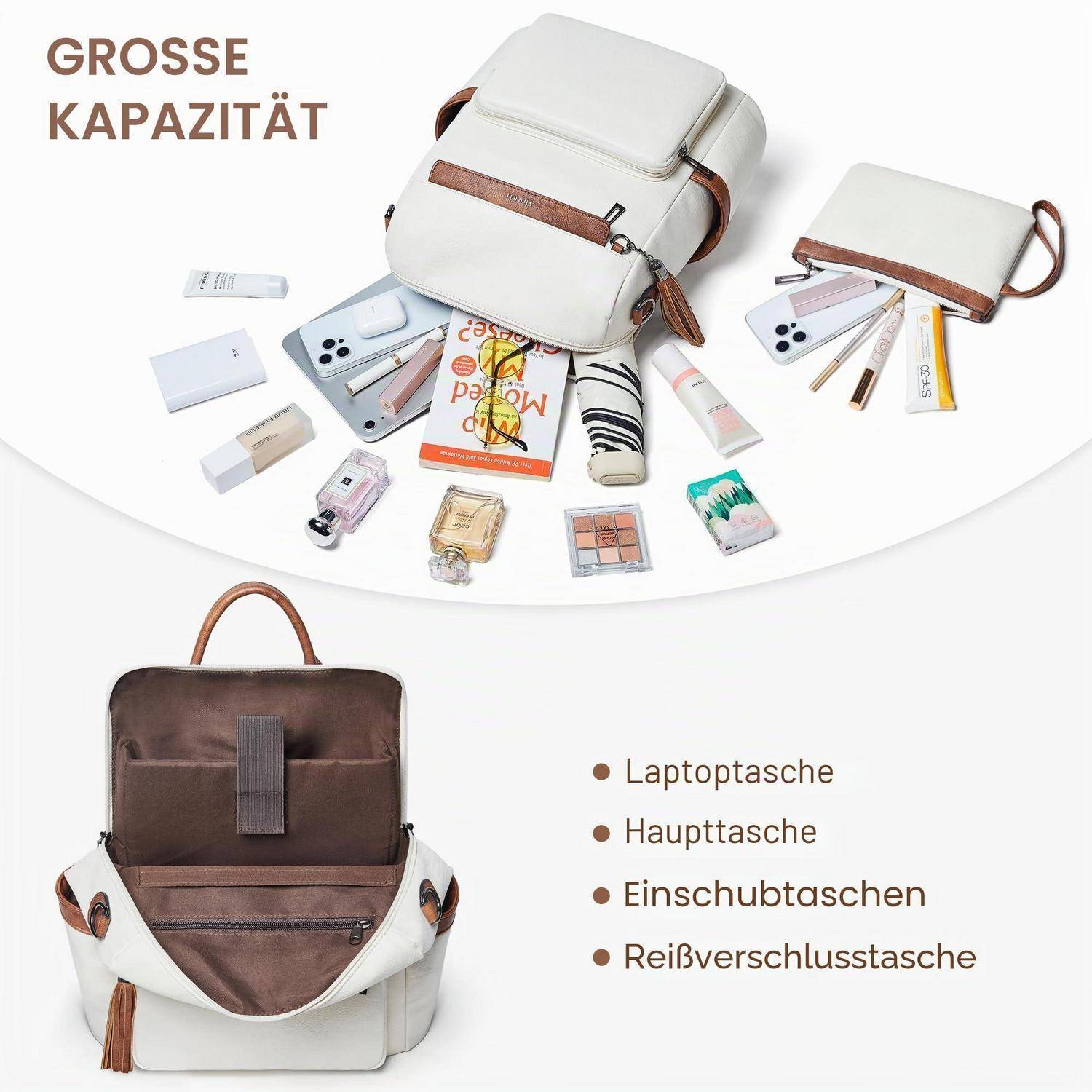 Weißer Rucksack aufgeklappt gezeigt mit großem Fassungsvermögen, oberen und vorderen Aufbewahrungsfächern sowie abnehmbarem passenden Täschchen; deutscher Text listet Laptopfach, Hauptfach, Einsteckfächer und Reißverschlussfach auf.
