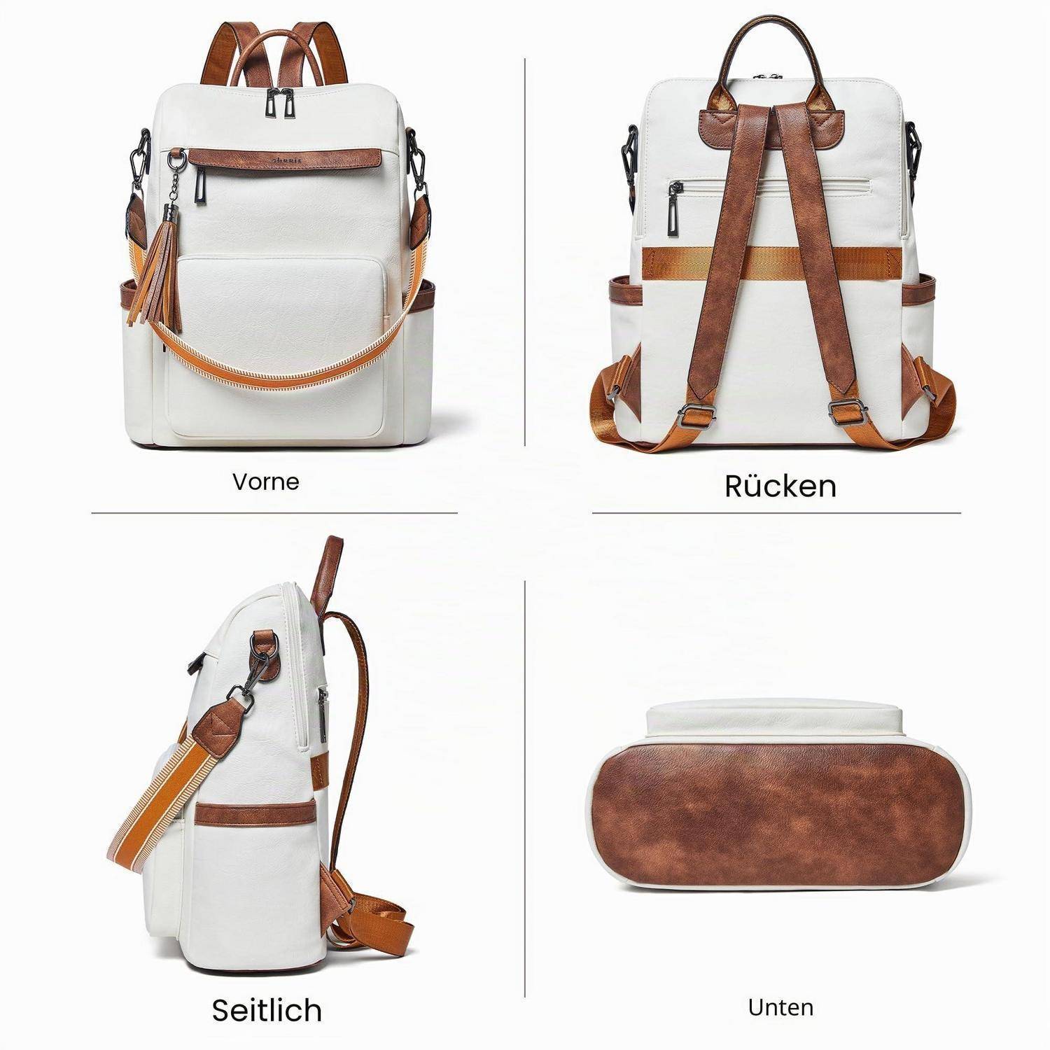 Vier Ansichten eines weißen Lederrucksacks mit braunen Riemen und Besätzen: Vorderseite, Rückseite, Seitenansicht und Unterseite.