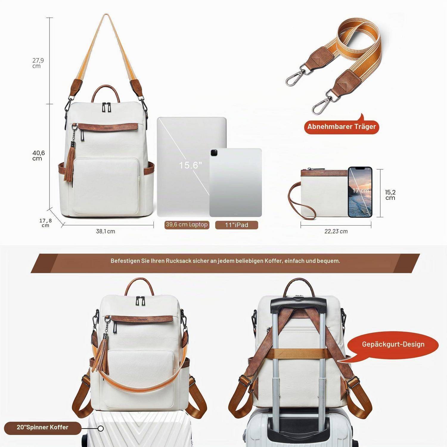 Produktgrafik eines weißen Rucksacks mit braunem Lederzubehör, die Abmessungen, abnehmbaren Riemen, Handytasche und Kofferanhang-Funktionen für Reisen zeigt.