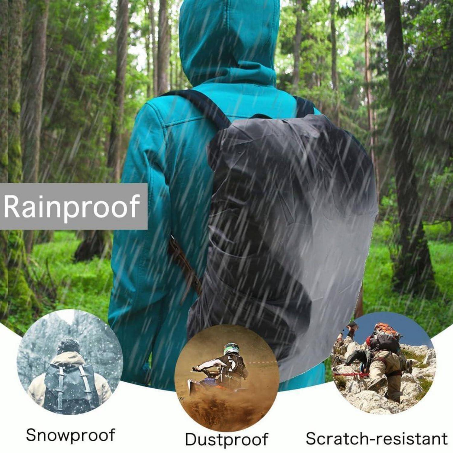 Wasserdichter Rucksack, gezeigt bei einem Wanderer im Regen, mit Beschriftungen für schneeresistent, staubdicht und kratzfest.