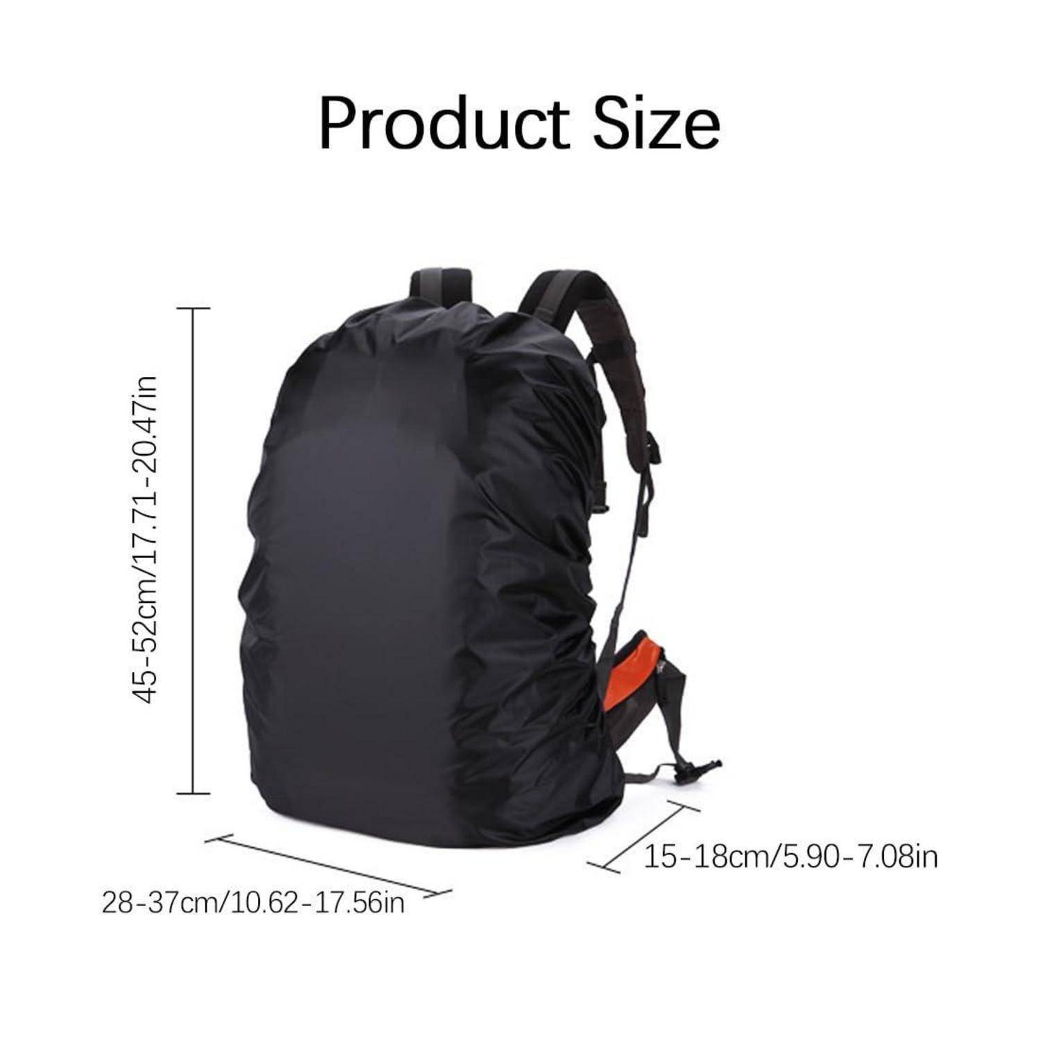 Größendiagramm einer schwarzen Rucksackhülle/eines schwarzen Rucksacks: Höhe 45-52 cm (17,71-20,47 Zoll), Breite 28-37 cm (10,62-17,56 Zoll), Tiefe 15-18 cm (5,90-7,08 Zoll).