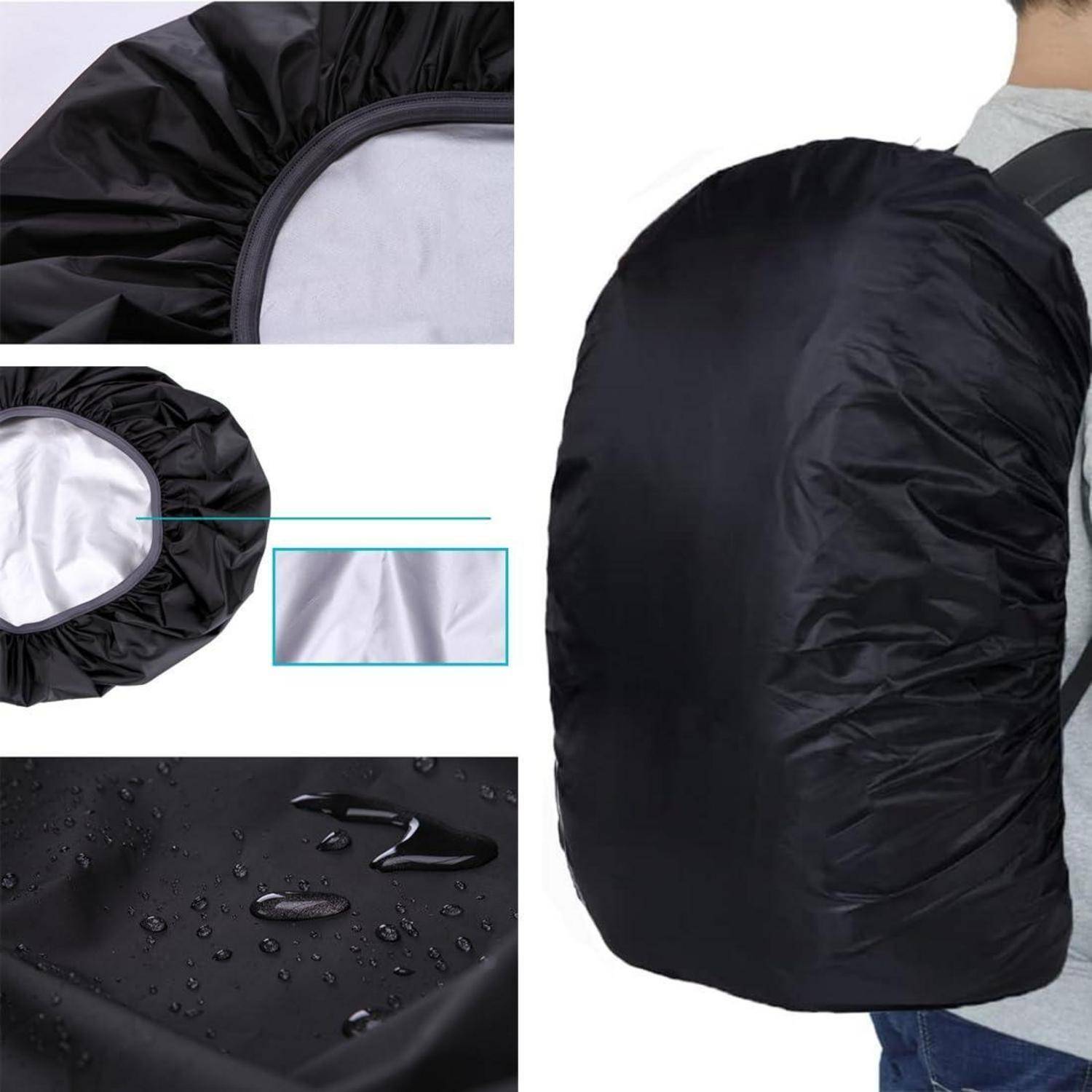 Schwarze wasserdichte Rucksack-Regenhülle, die an einer Person gezeigt wird, mit Nahaufnahmen der elastischen Öffnung, der inneren Auskleidung und der wasserabweisenden Oberfläche.