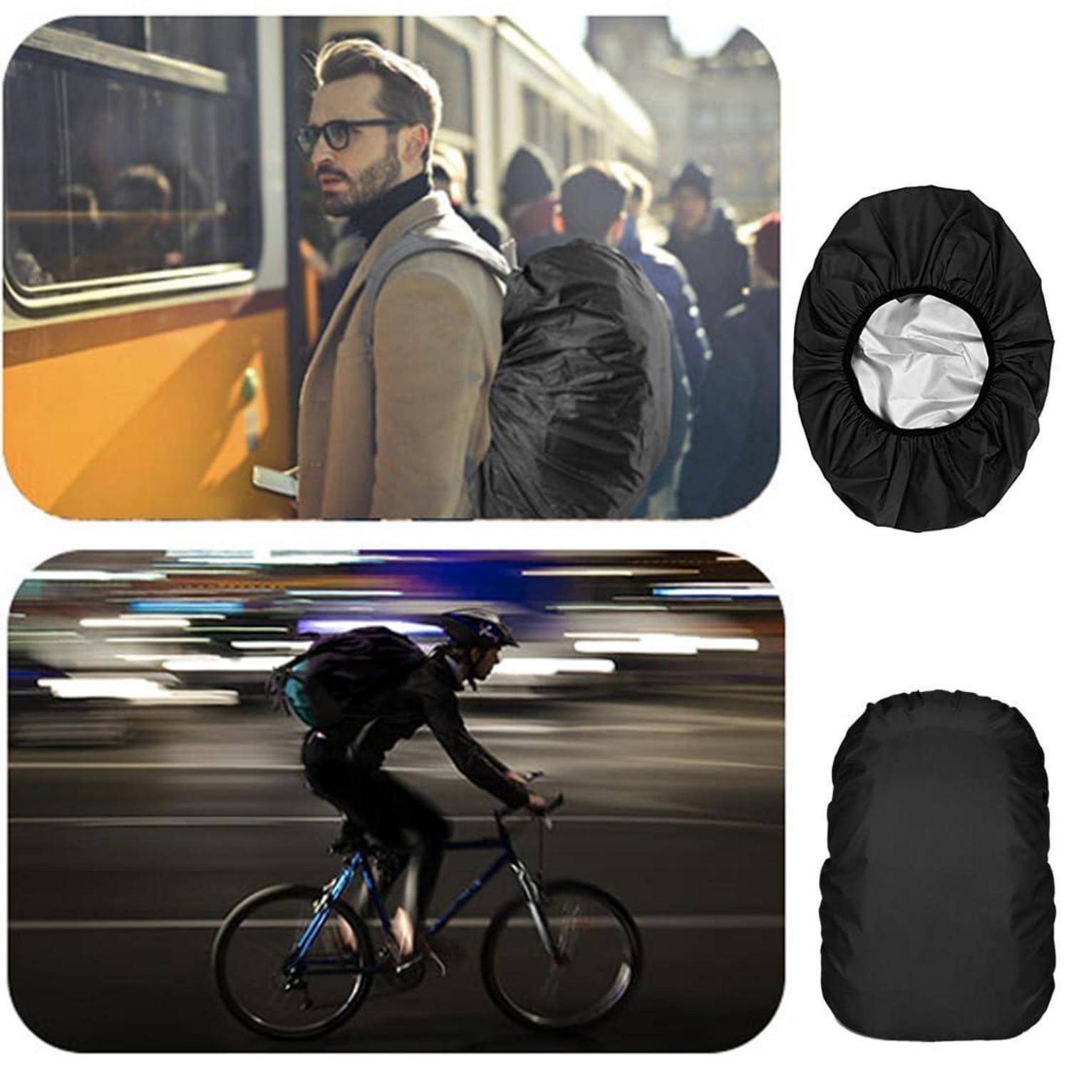 Collage mit einer schwarzen Regenschutzhülle für Rucksäcke zum Pendeln, mit Beispielen an einem Rucksack auf einem Bahnsteig und an einem Radfahrer, sowie die separat zusammengefaltete Hülle.