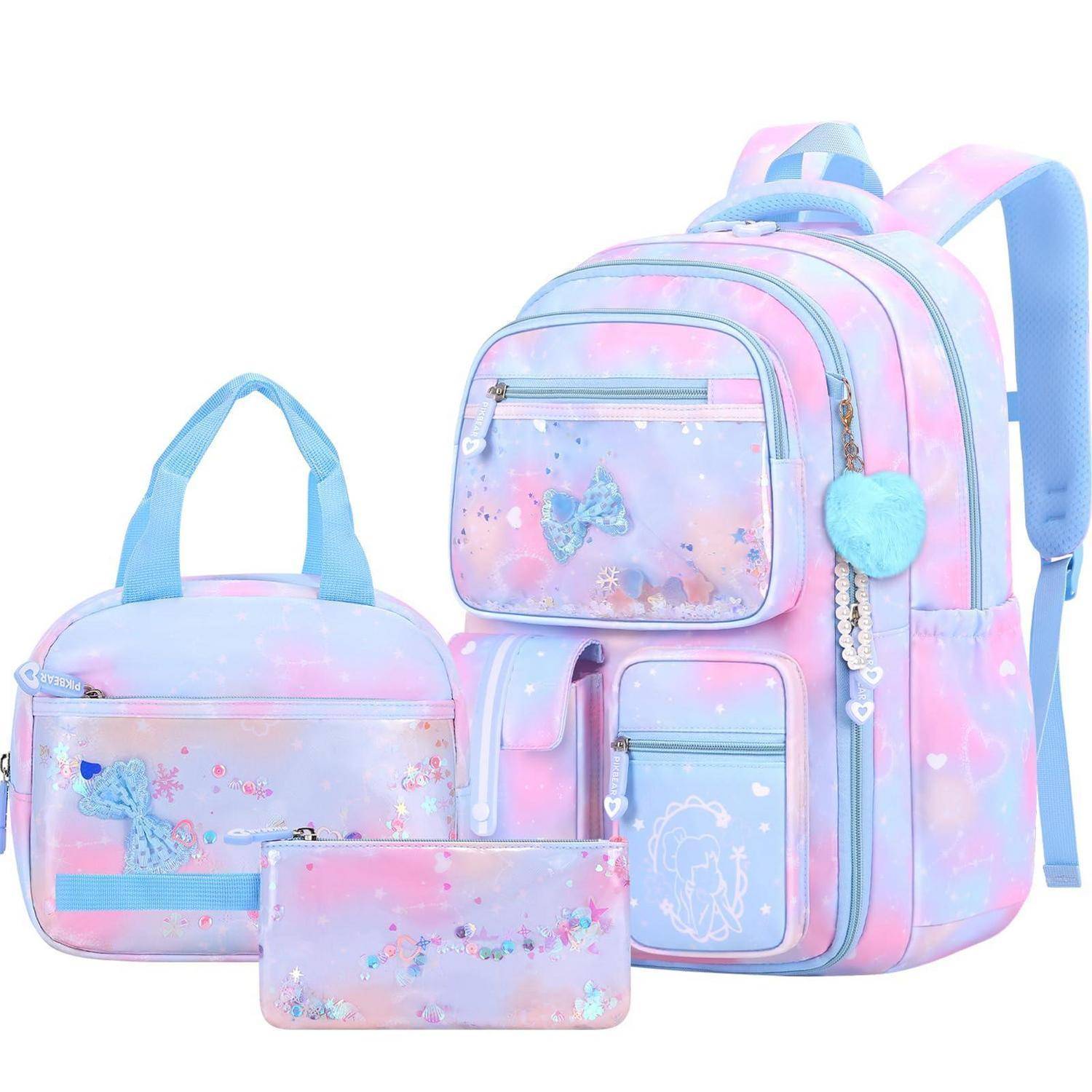 Pastellfarbenes, schimmerndes Rucksack-Set mit passender Lunchbox und Federmäppchen, verziert mit Schmetterlings- und Herzdetails.
