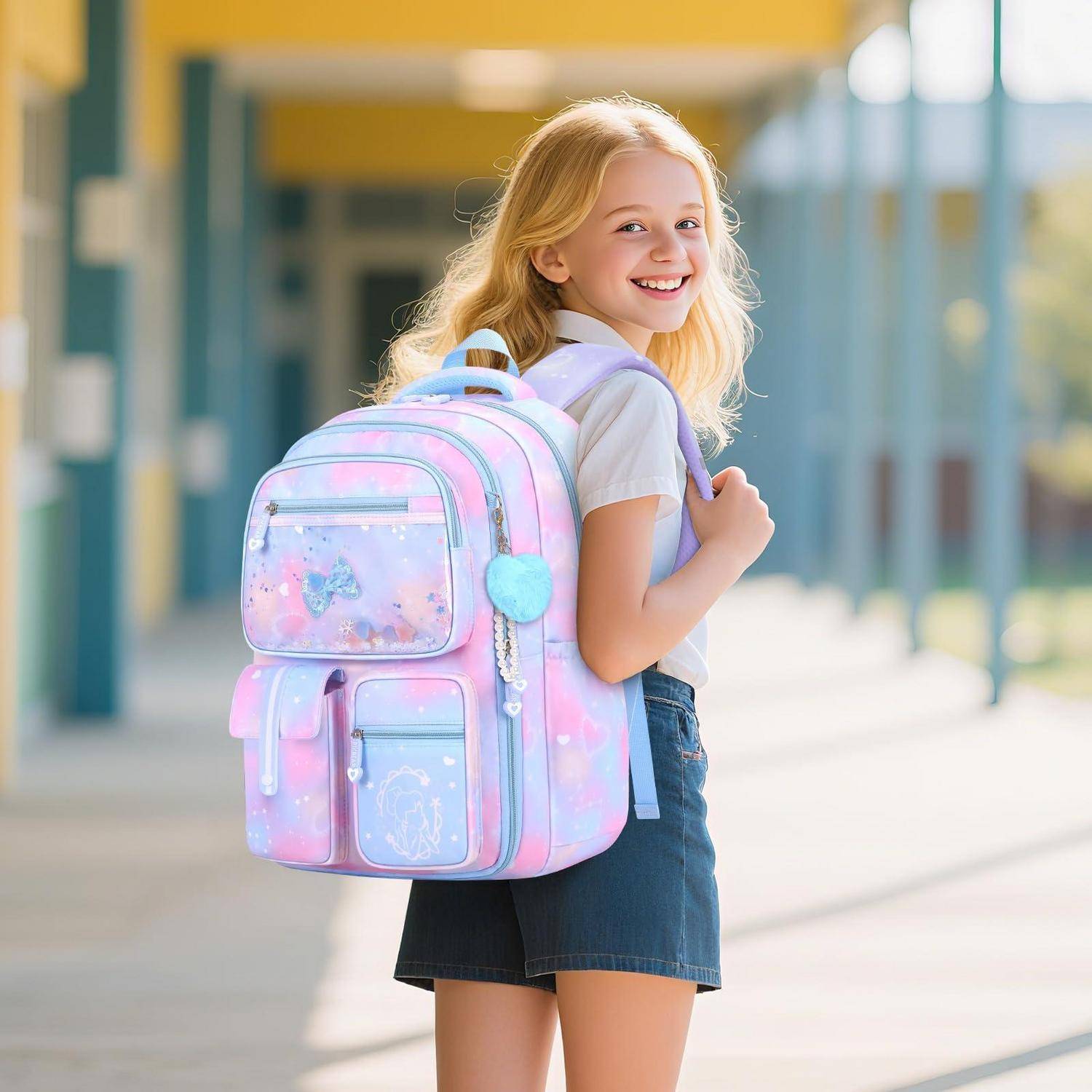 Lächelndes Schulmädchen mit einem Pastellrucksack, das draußen in der Nähe eines Schulgebäudes spaziert.