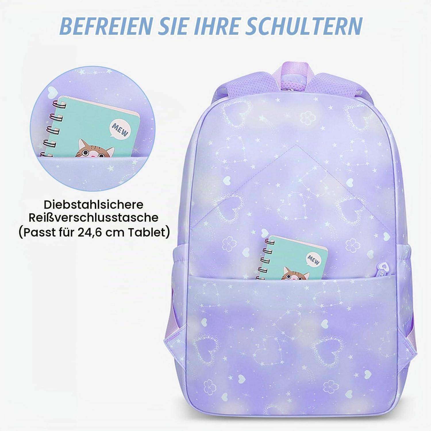 Violetter Rucksack mit diebstahlsicherer Reißverschlusstasche, gezeigt mit einem 24,6 cm Tablet, das in die Vordertasche passt; deutscher Text sagt „BEFREIEN SIE IHRE SCHULTERN