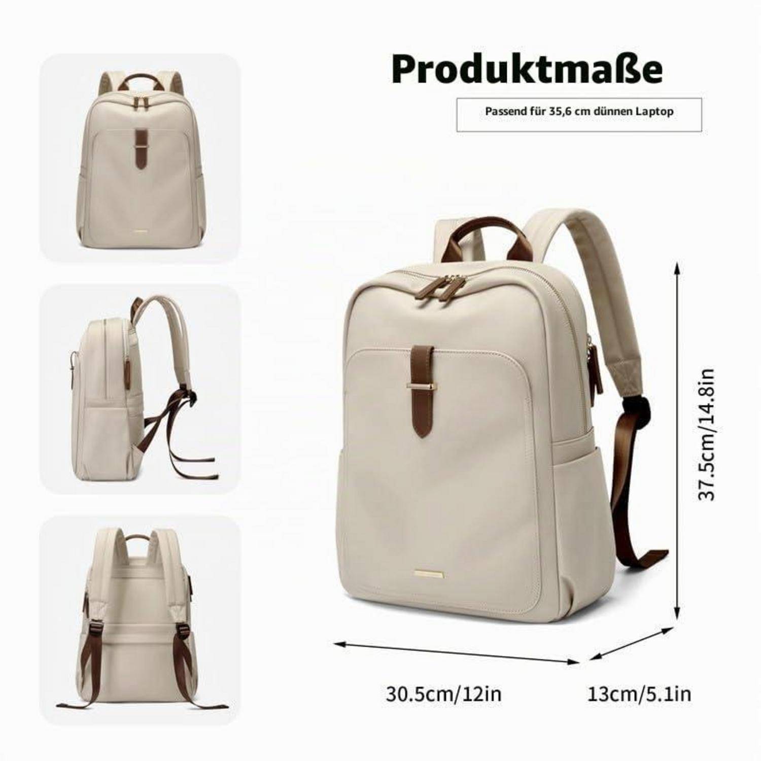 Größentabelle für einen beigen Rucksack mit braunen Riemen; passt für einen 35,6 cm Laptop. Abmessungen: 37,5 cm Höhe, 30,5 cm Breite, 13 cm Tiefe.