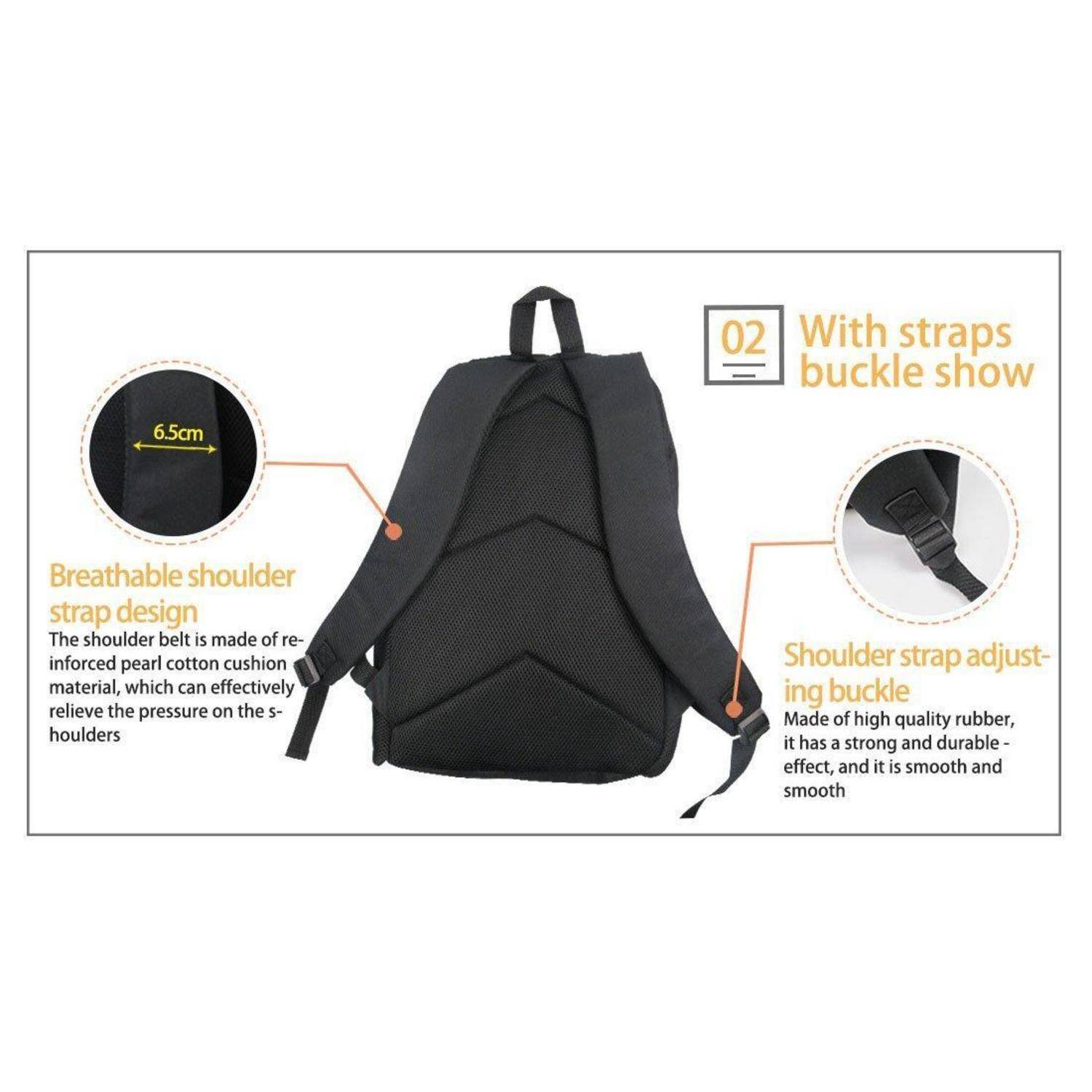 Schwarzer Rucksack von hinten gezeigt mit Beschriftungen, die atmungsaktive 6,5 cm breite Schultergurte und verstellbare Riemenschnallen hervorheben.