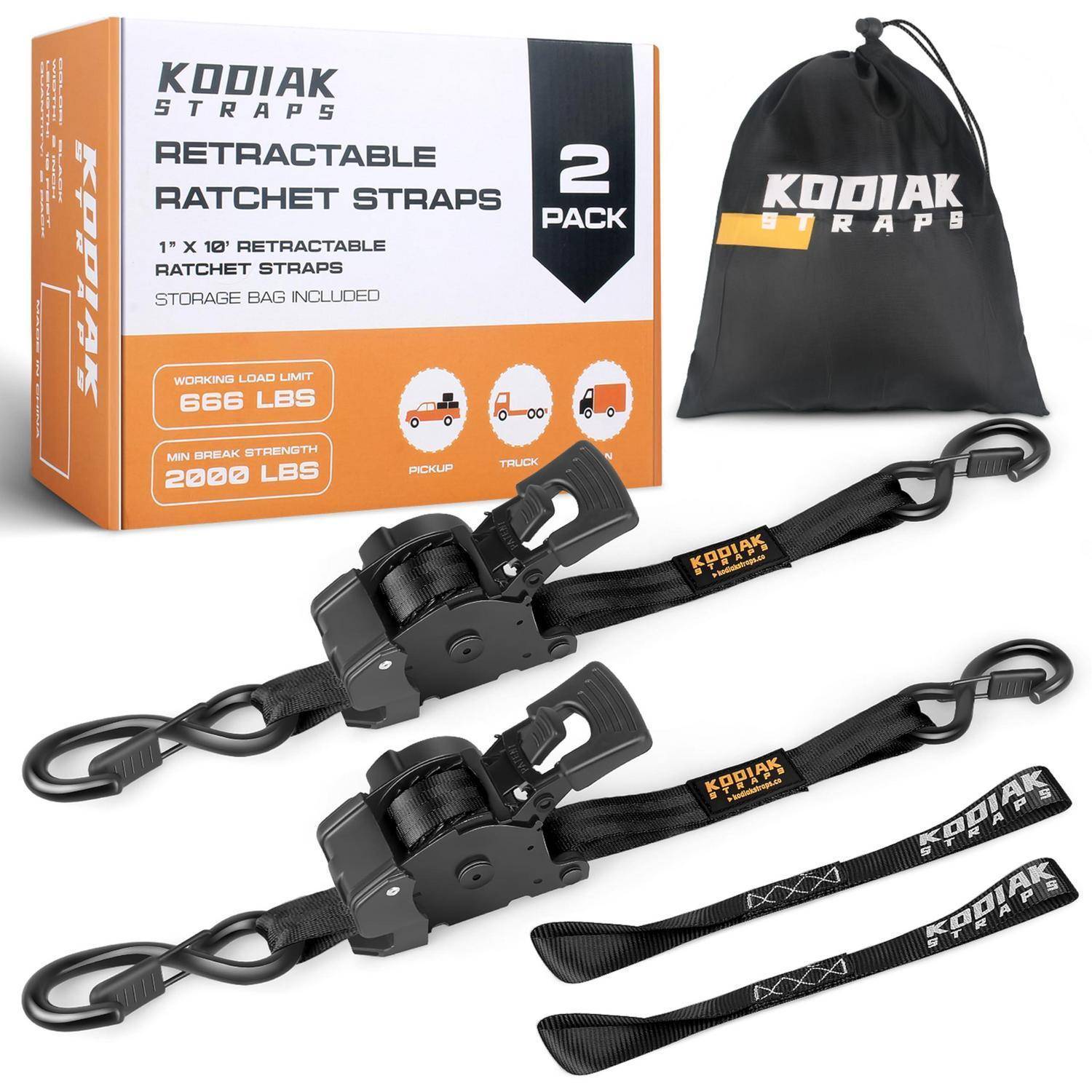 Kodiak Straps Einziehbare Ratschengurte 2er-Pack mit Aufbewahrungstasche, gezeigt mit zwei beladenen Gurten und losen Zurrgurten auf weißem Hintergrund.