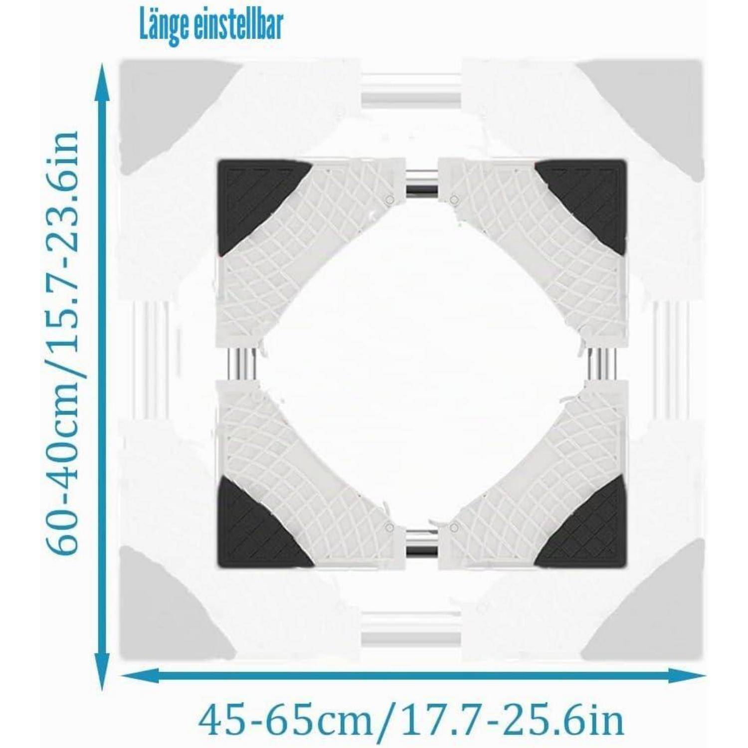 Produktdiagramm eines verstellbaren quadratischen Rahmens mit Bereichsbeschriftungen: Länge 60-40 cm und Breite 45-65 cm oder 15,7-23,6 Zoll und 17,7-25,6 Zoll.