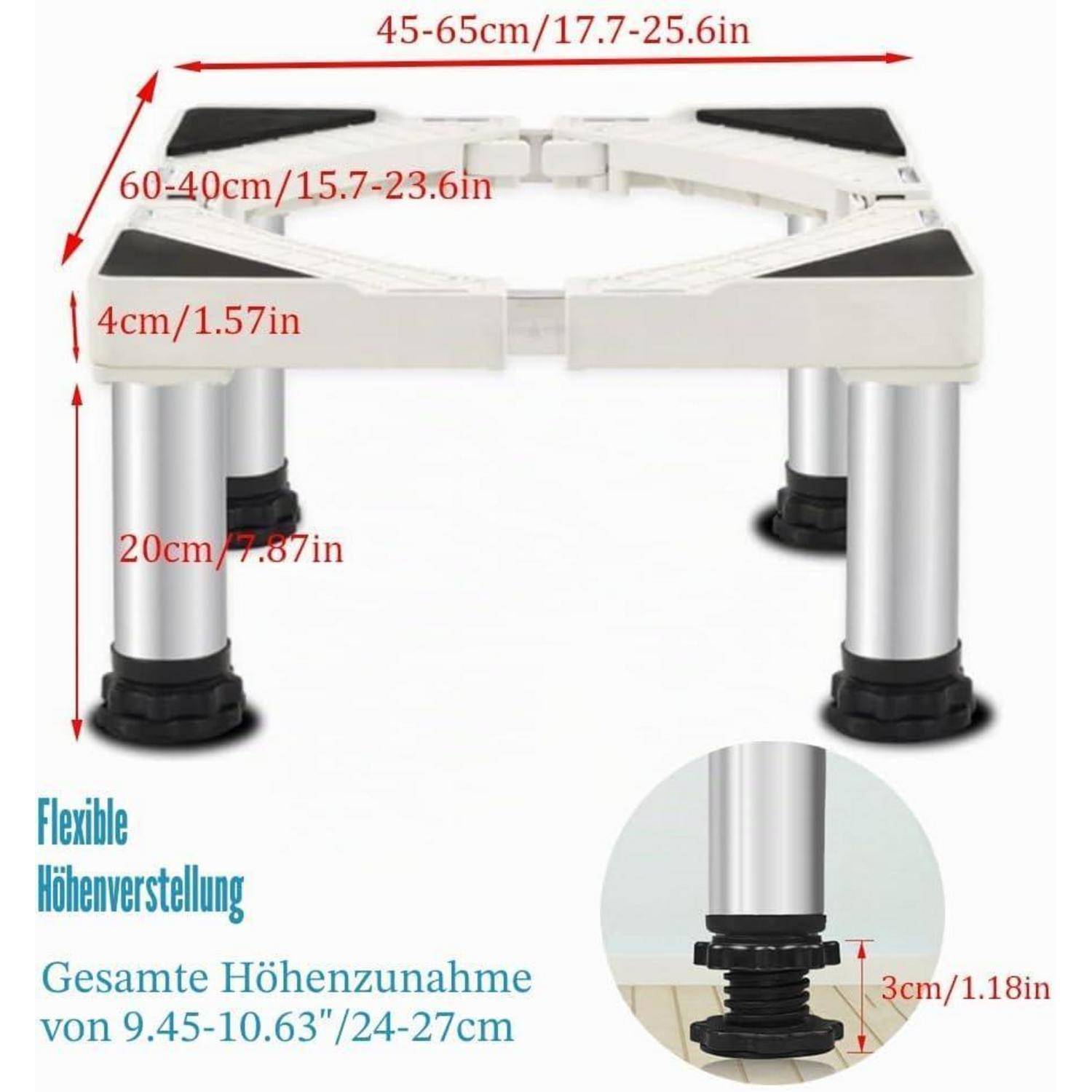 Verstellbarer Tischrahmen mit vier Metallbeinen und ausziehbaren Füßen, mit Beschriftungen der Abmessungen, die eine Breite von 45-65 cm, eine Tiefe von 40-60 cm, eine Plattenhöhe von 4 cm, eine Beinhöhe von 20 cm und eine Gesamthöhenzunahme von 24-27 cm zeigen.