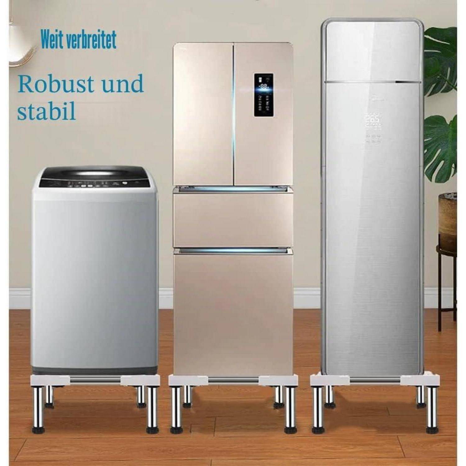 Drei Kühlschränke auf Gestellen in einem Raum, mit deutschem Text, auf dem „Weit verbreitet