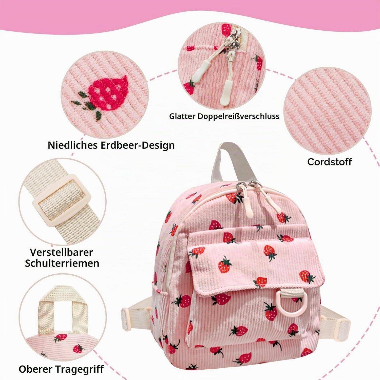 Infografik eines rosa kinderfreundlichen Rucksacks mit Erdbeer-Muster, das Kordstoffmaterial, einen glatten Doppelreißverschluss, verstellbare Schultergurte und einen oberen Tragegriff hervorhebt.