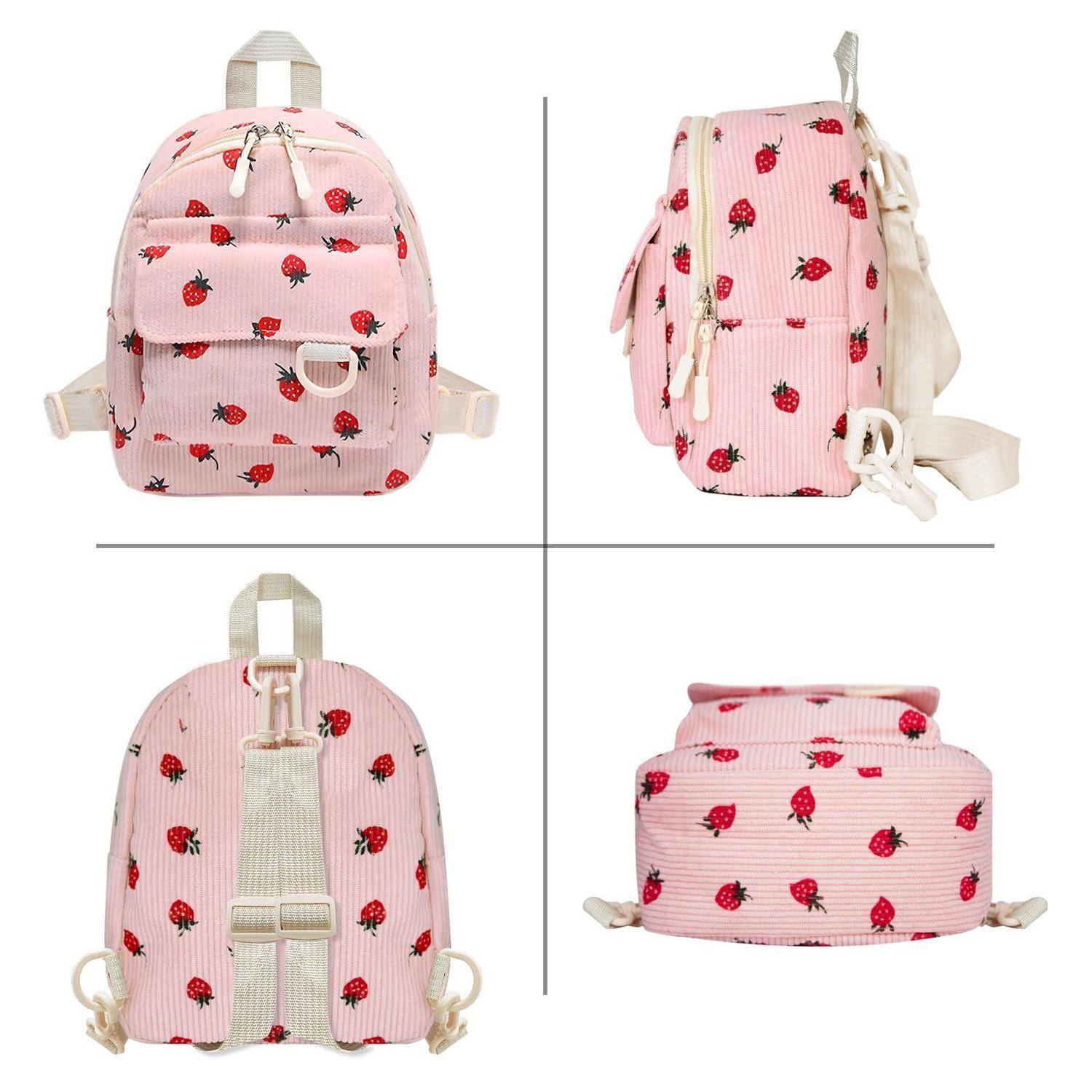 Rosa Erdbeer-Motiv-Rucksack aus Vorder-, Seiten-, Rück- und Draufsicht, mit cremefarbenen Riemen und Reißverschlusszügen.