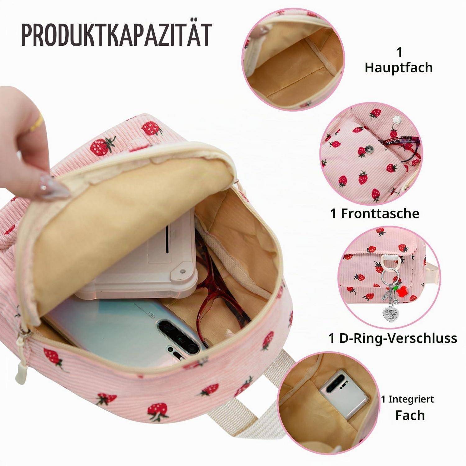 Rosa Erdbeerdruck-Beutel, offen dargestellt, mit Hervorhebung der Lagerfunktionen: ein Hauptfach, vordere Tasche, D-Ring-Verschluss und integrierte Handytasche.