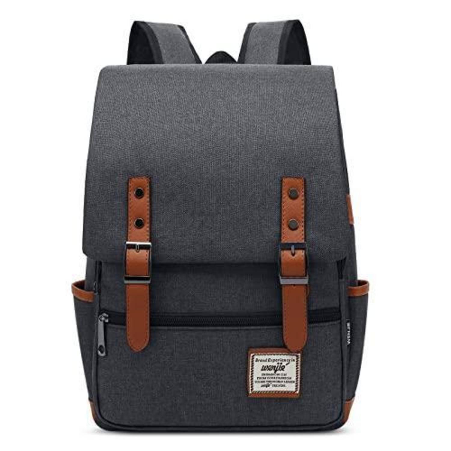 Grauer Rucksack mit braunen Ledergurten und Frontschnallenverschlüssen, gezeigt auf einem einfachen weißen Hintergrund.