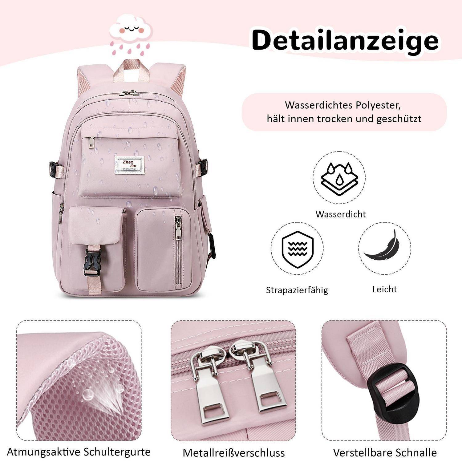 Rosa Rucksack Produktdetail-Anzeige mit wasserdichtem Polyester, mit Symbolen für wasserdicht, langlebig und leicht, sowie Nahaufnahmen von atmungsaktiven Gurten, Metallreißverschlüssen und verstellbarer Schnalle.
