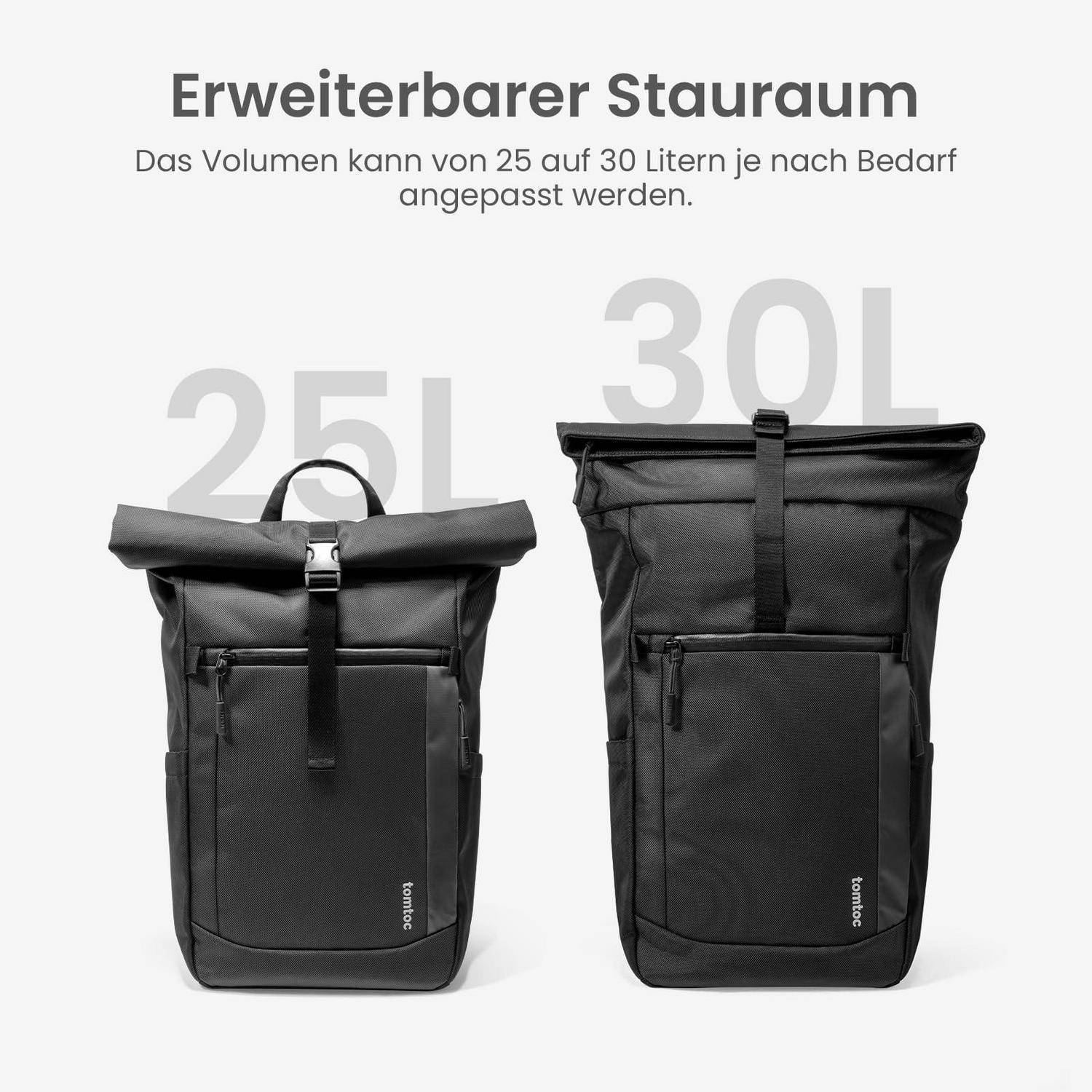 Zwei schwarze Rolldeckel-Rucksäcke in den Größen 25L und erweitertem 30L dargestellt, die zeigen, wie die Speicherkapazität angepasst werden kann.