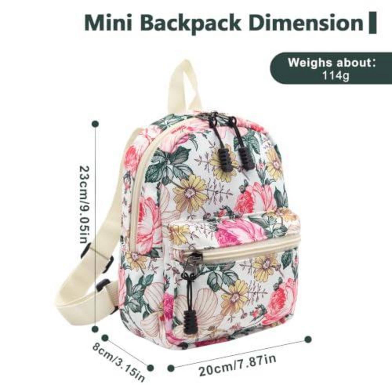 Floraler Mini-Rucksack mit den Abmessungen: 23 cm Höhe, 20 cm Breite, 8 cm Tiefe; wiegt etwa 114 g.