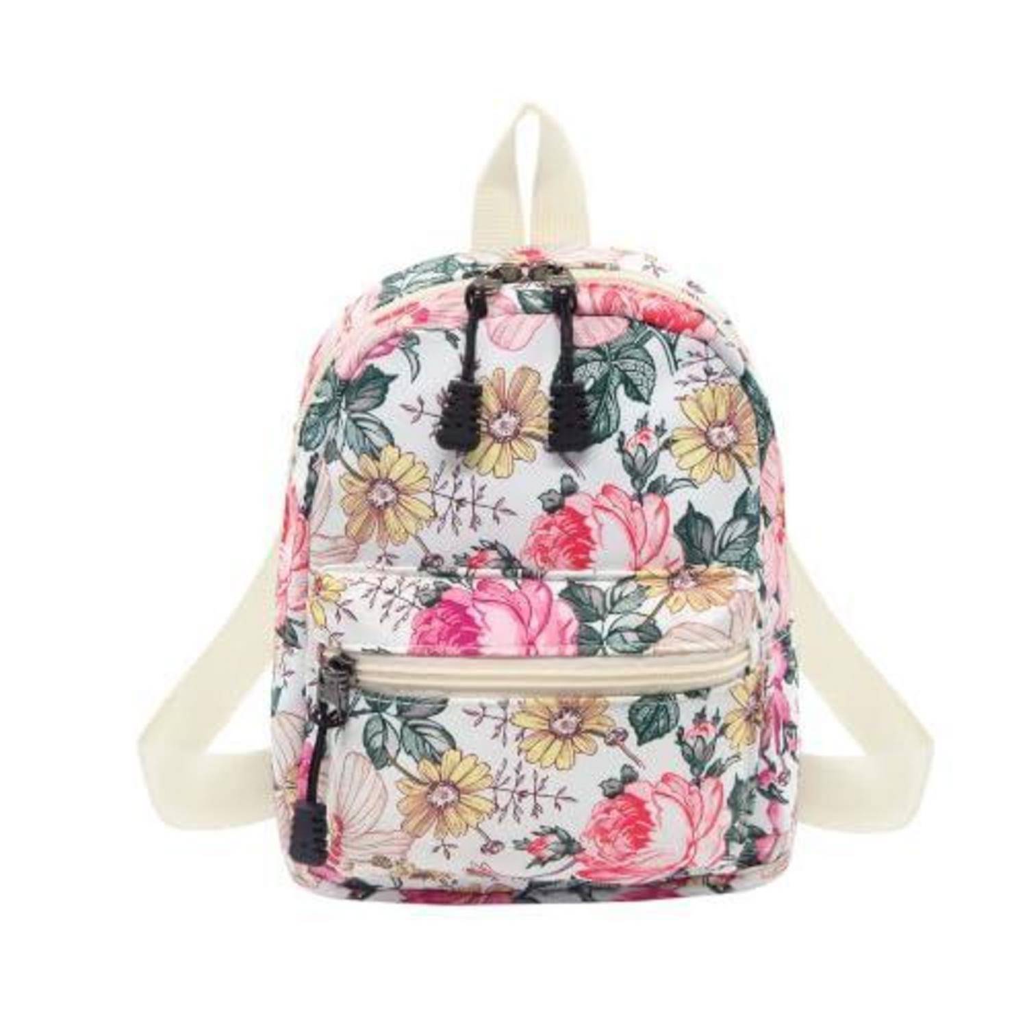 Rucksack mit Blumenmuster in Rosa und Gelb, cremefarbene Riemen und vordere Reißverschlusstasche auf weißem Hintergrund.