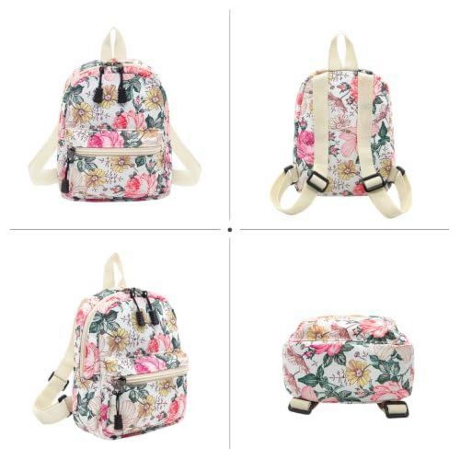 Rucksack in Miniformat mit Blumenmuster, gezeigt aus vier Blickwinkeln, mit vorderer Reißverschlusstasche, Griffgriff oben und verstellbaren Trägern.