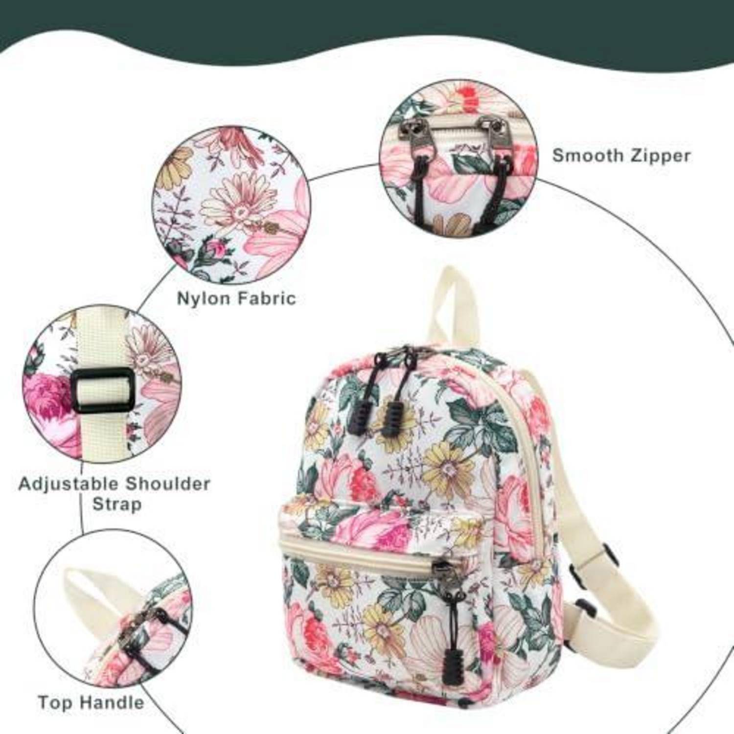 Rucksack mit Blumenmuster und beschrifteten Merkmalen: Nylonstoff, glatter Reißverschluss, verstellbarer Schultergurt und Griffgriff oben.