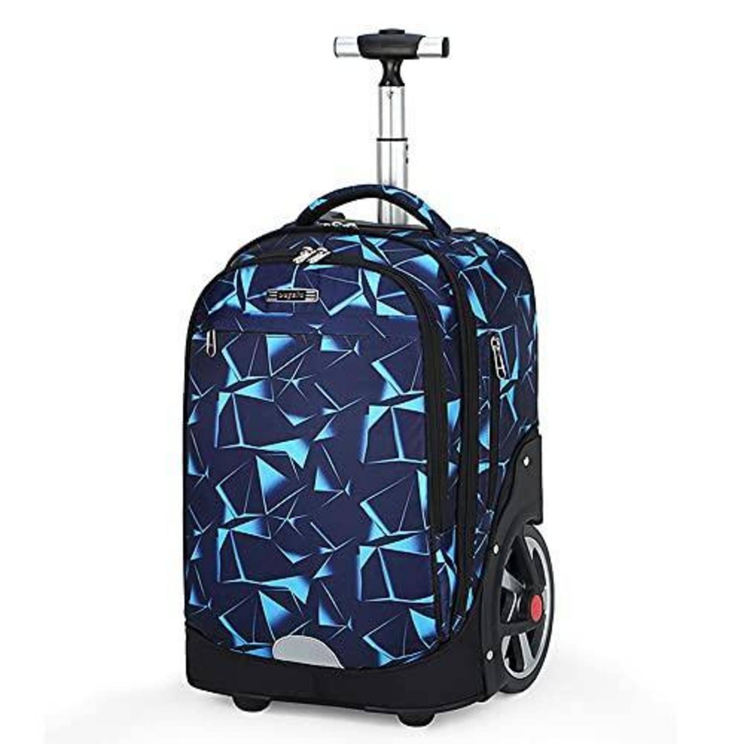 Blauer geometrischer Rollkoffer mit ausziehbarem Griff und zwei Rädern, abgebildet auf weißem Hintergrund.