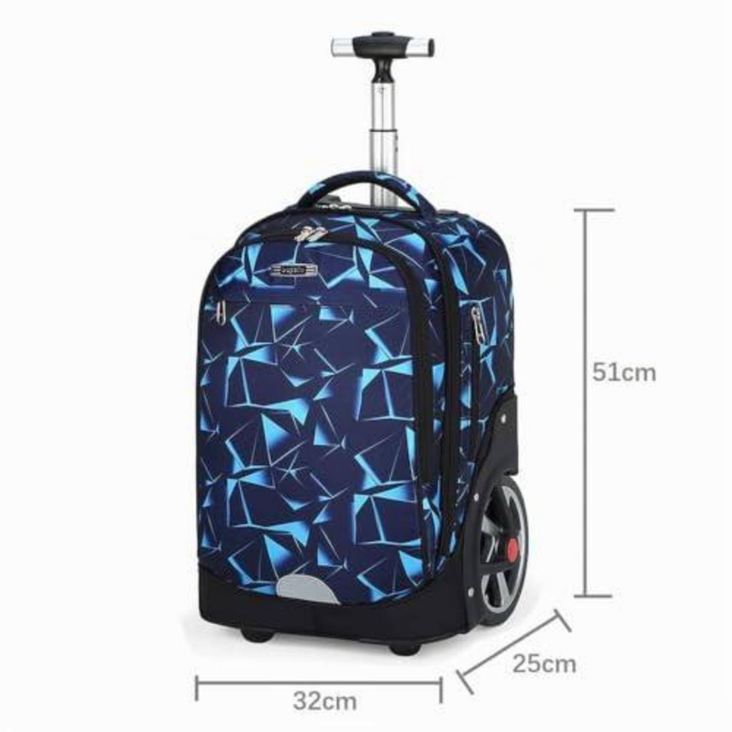 Blauer Koffer mit geometrischem Muster und ausziehbarem Griff; Abmessungen: 51 cm Höhe, 32 cm Breite und 25 cm Tiefe.