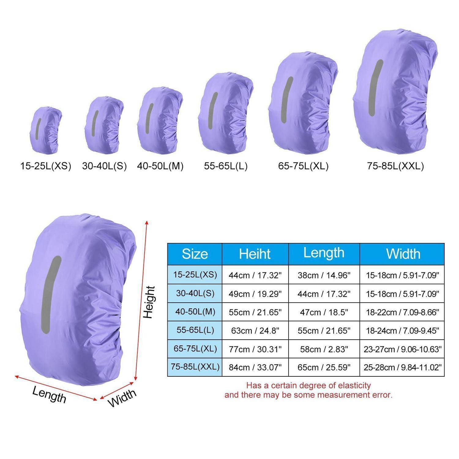 Größenführer für violette Rucksack-Regenschutzhüllen mit sechs Kapazitätsgrößen von 15-25L (XS) bis 75-85L (XXL) und einer Tabelle mit Höhen-, Längen- und Breitenmessungen.
