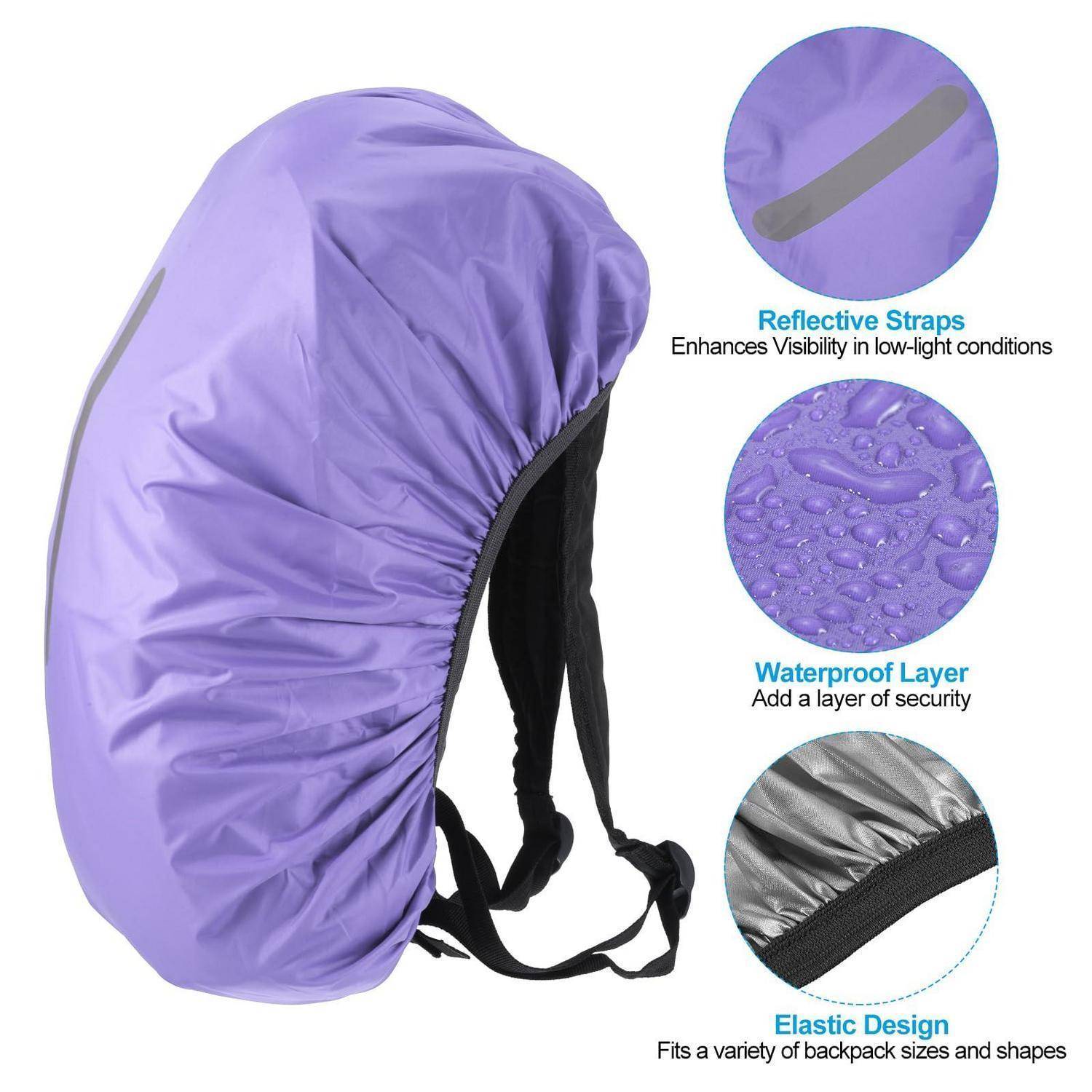 Violetter wasserdichter Rucksackschutz mit Riemen, gezeigt mit Beschriftungen für reflektierende Riemen, wasserdichte Schicht und elastische Passform.