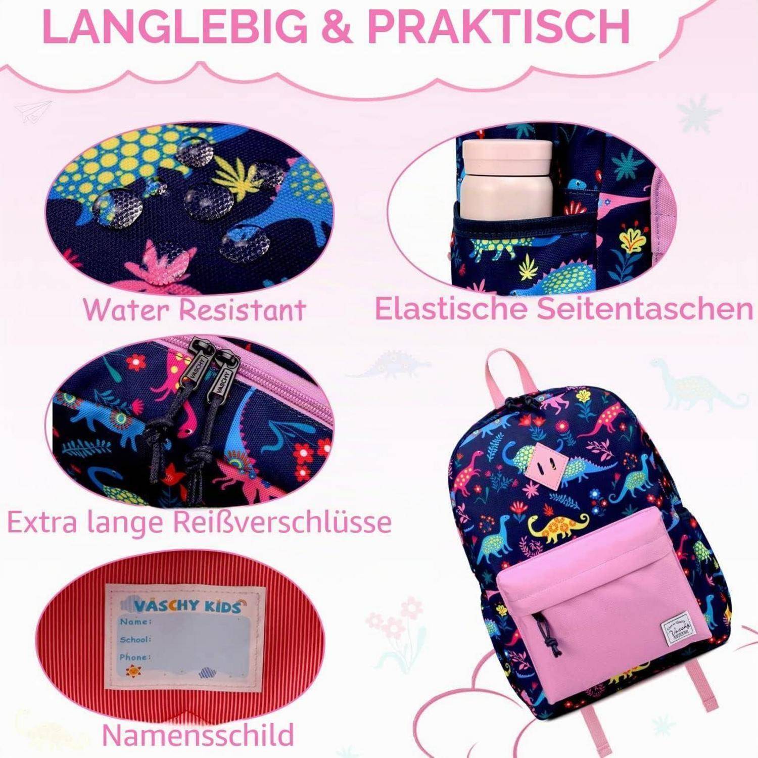 Deutsches Produktgrafik eines Kinderrucksacks mit folgenden Funktionen: wasserfest, elastische Seitentaschen, extralange Reißverschlüsse und Namensschildchen; buntes Dinosaurier-Muster.