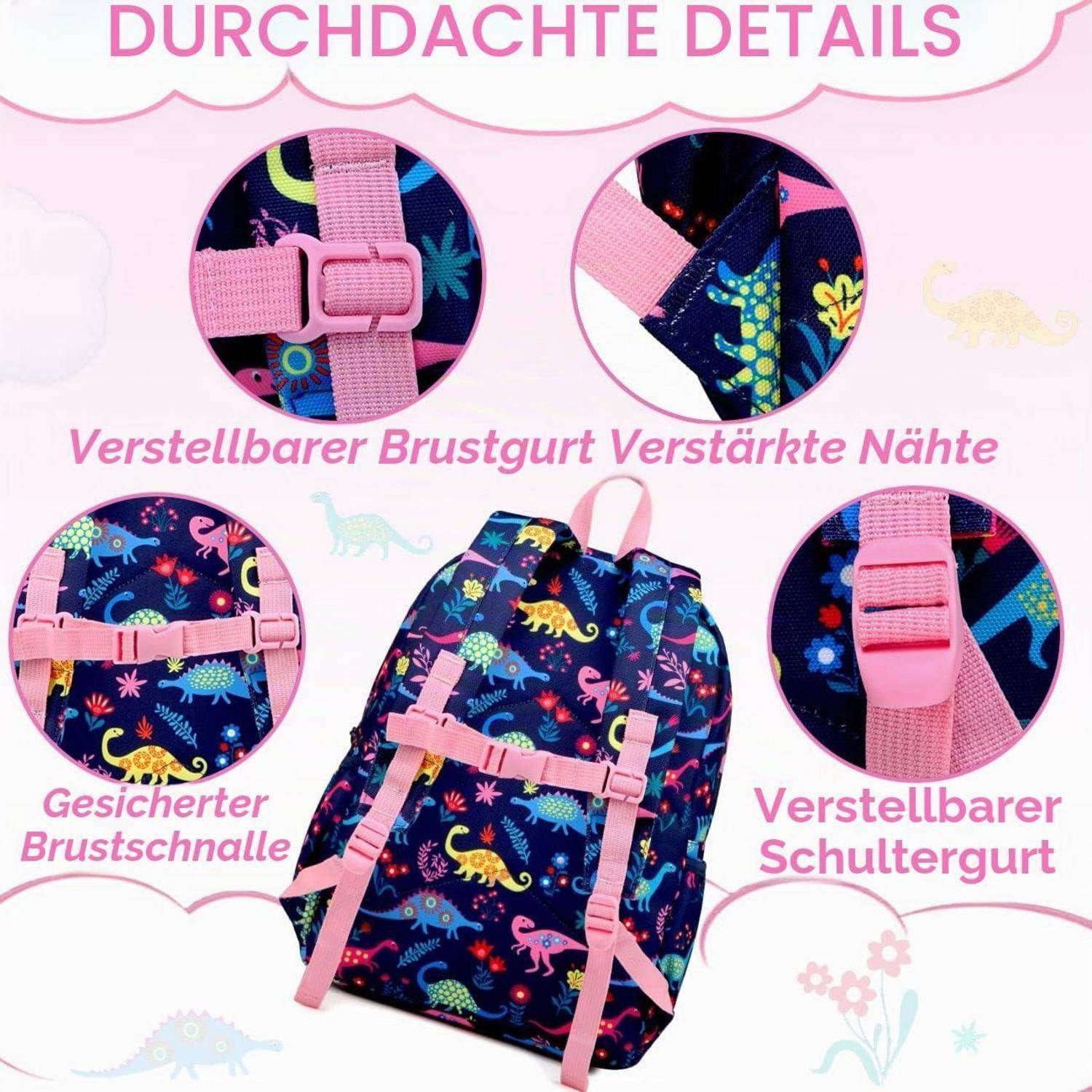 Rosa Dinosaurier-Muster-Rucksack mit beschrifteten Nahaufnahmen, die den verstellbaren Brustgurt, verstärkte Nähte, sichere Brustschnalle und verstellbare Schultergurte hervorheben.