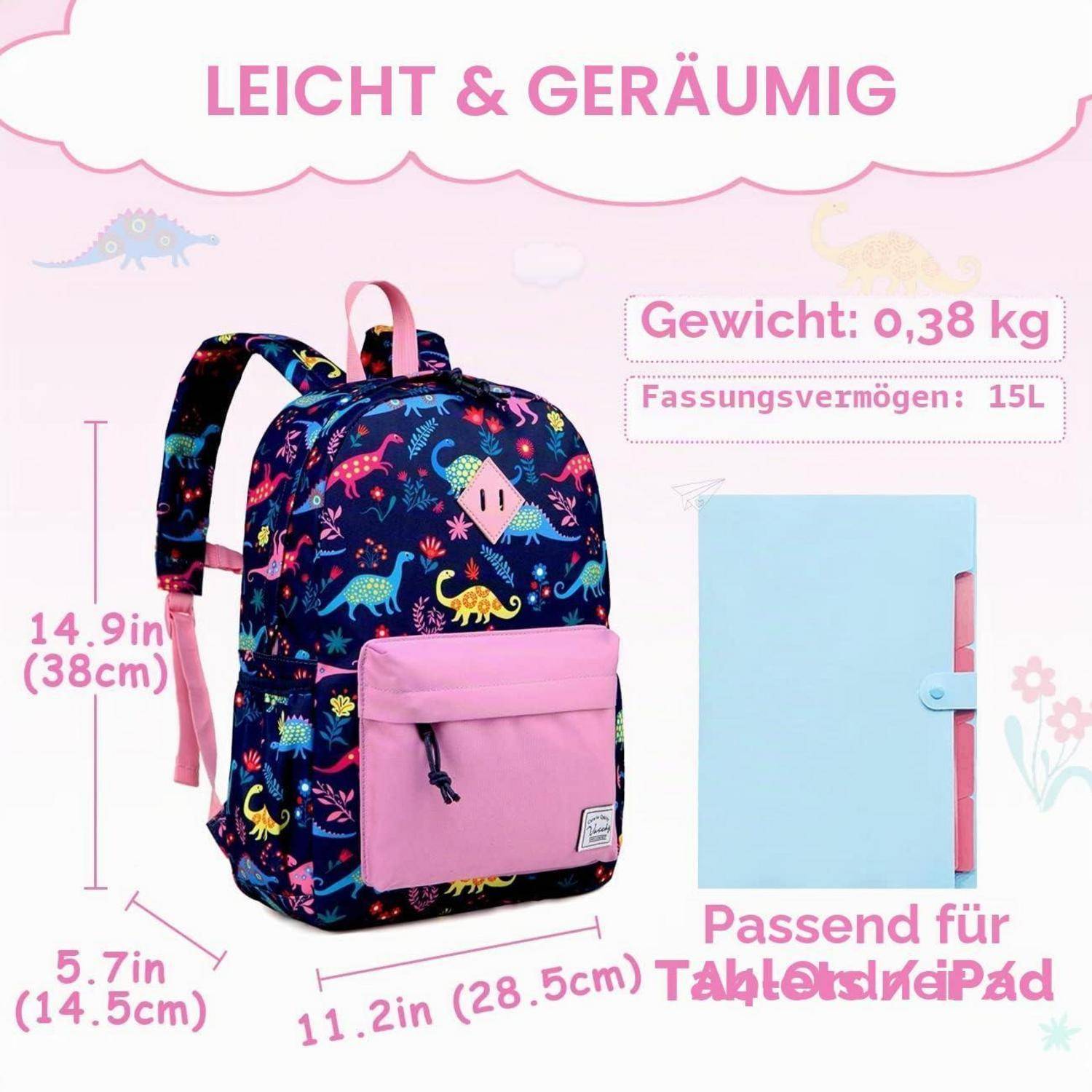 Produktanzeige für einen farbenfrohen Dinosaurier-Druck-Rucksack, gekennzeichnet als leicht und geräumig, mit den Abmessungen 14,9 x 11,2 x 5,7 Zoll, Gewicht 0,38 kg, Fassungsvermögen 15 l und passend für ein Tablet/iPad.