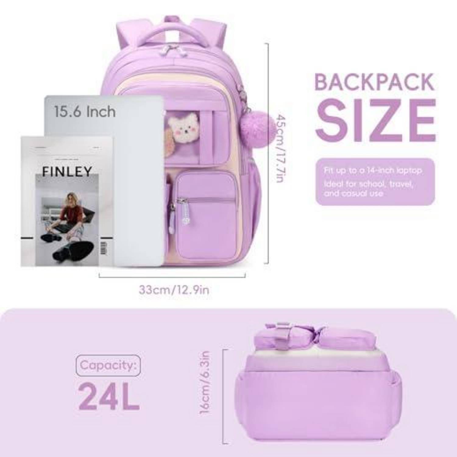 Rucksack-Größentabelle in Lavendelfarbe mit Platz für einen 15,6-Zoll-Laptop; Abmessungen 33 cm breit, 45 cm hoch, 16 cm tief, 24-Liter-Fassungsvermögen.