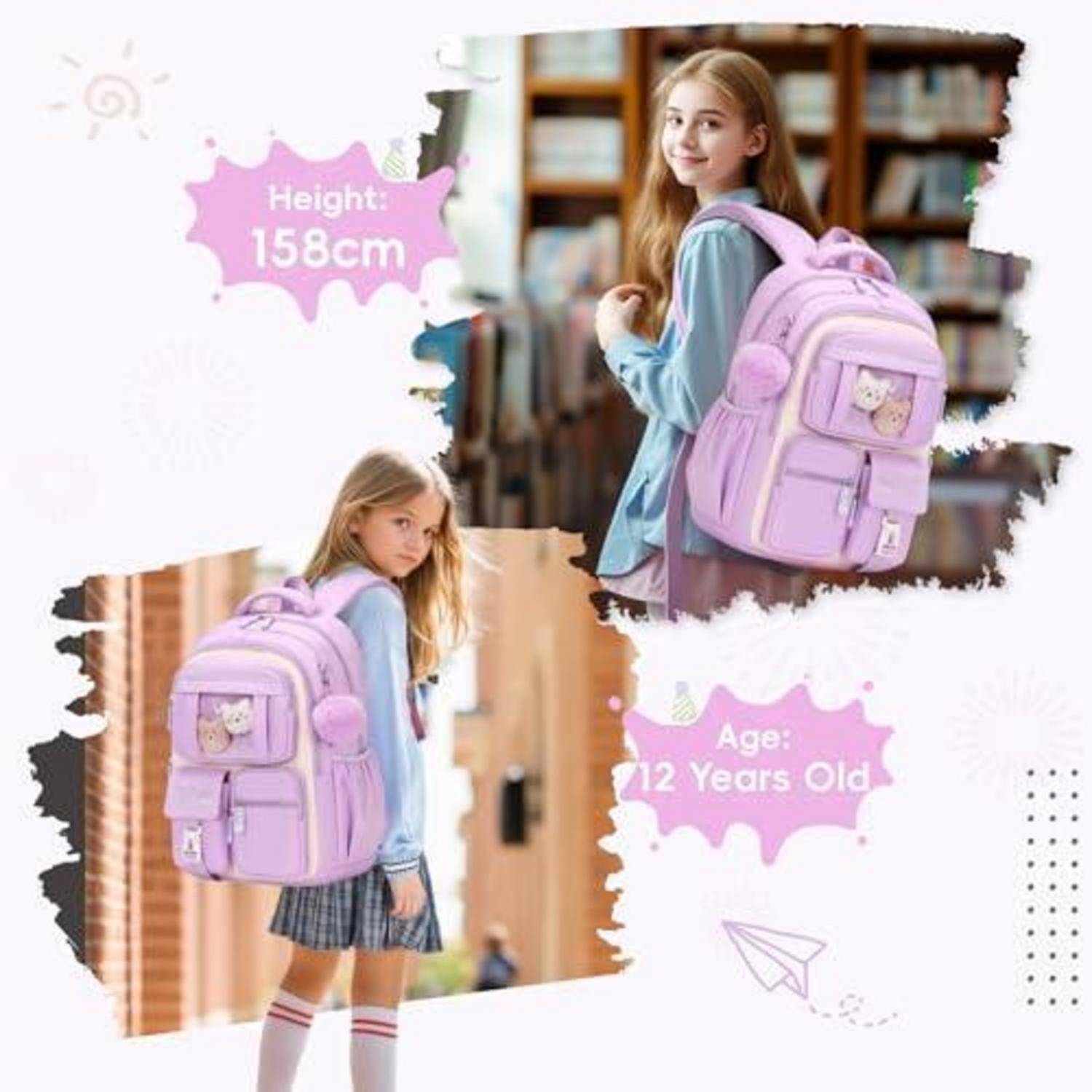 Werbebild eines Schulmädchens, das einen rosa Rucksack trägt, mit Beschriftungen, die 