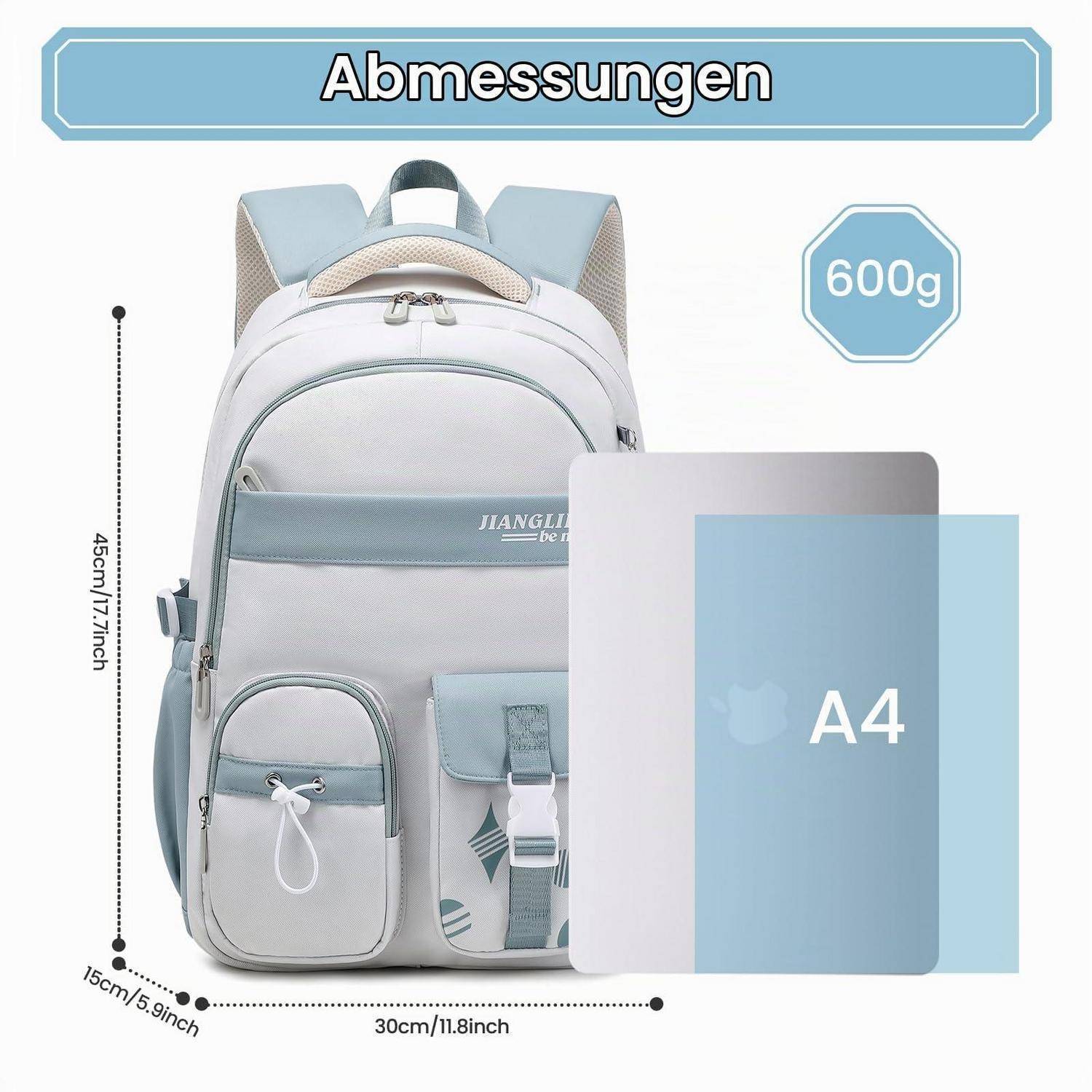 Produktbild eines hellblauen und weißen Rucksacks mit der Bezeichnung „Abmessungen