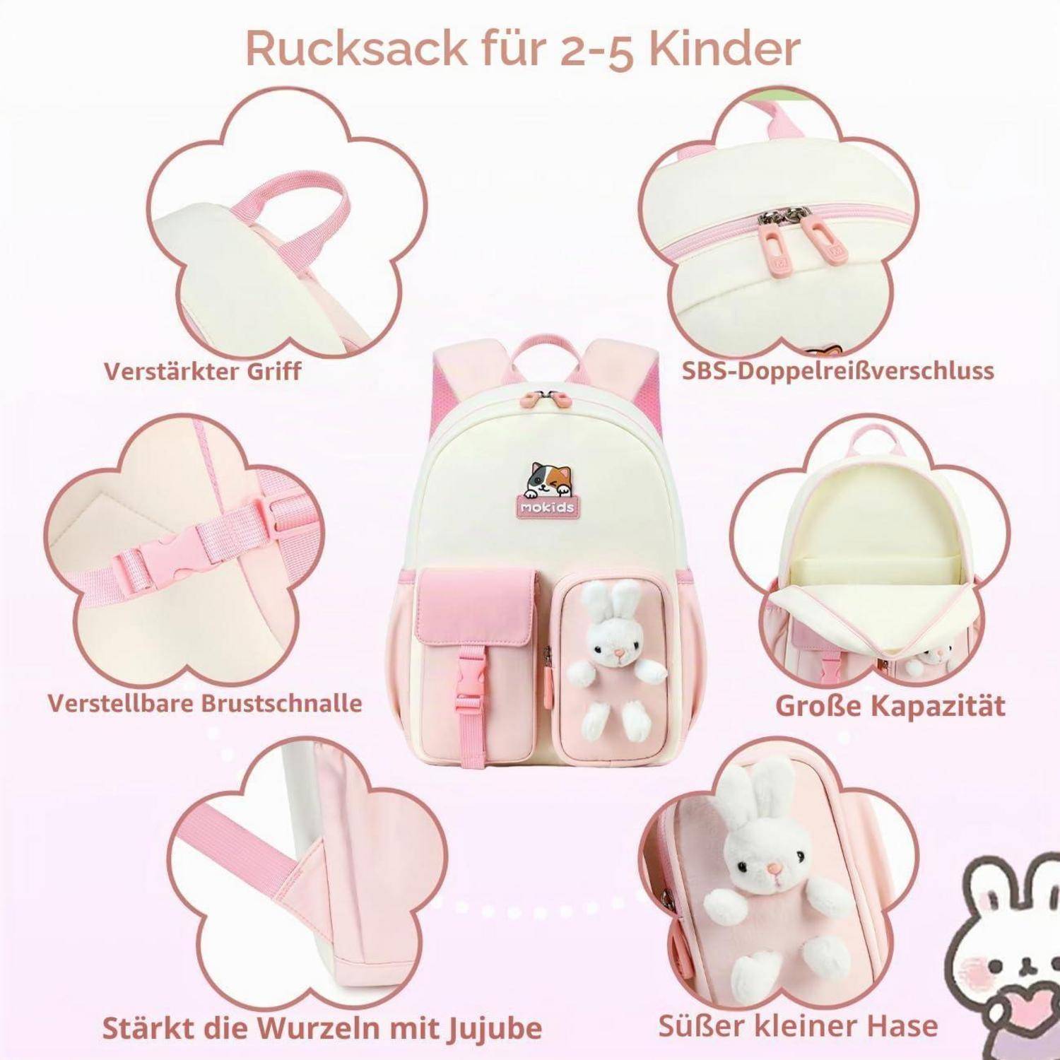 Rosé-weißer Kinderrucksack für Kinder im Alter von 2-5 Jahren, mit Teddybär-Patch und mehreren Funktionsmerkmalen: verstärkter Griff, Doppelreißverschluss, verstellbarer Brustgurt, großes Fassungsvermögen und niedliches Kaninchendetail.