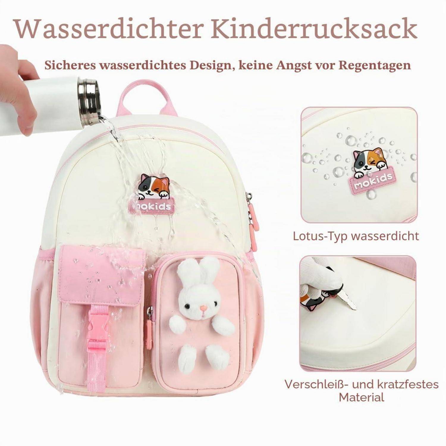 Rosa wasserdichter Kinderrucksack mit einer transparenten wasserdichten Kuppel; Wasser wird darüber gegossen, mit Nahaufnahmen, die eine Lotus-Effekt-wasserdichte Oberfläche und kratzfestes Material hervorheben.
