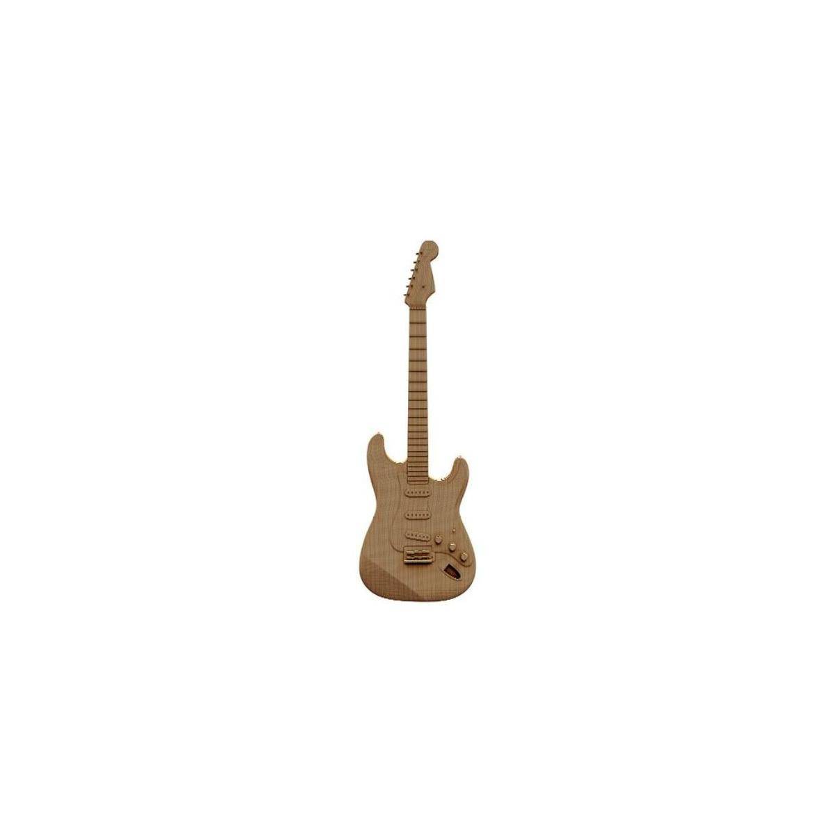 Holzgitarre mit elektrischem Antrieb aufrecht auf einem einfachen weißen Hintergrund stehend.