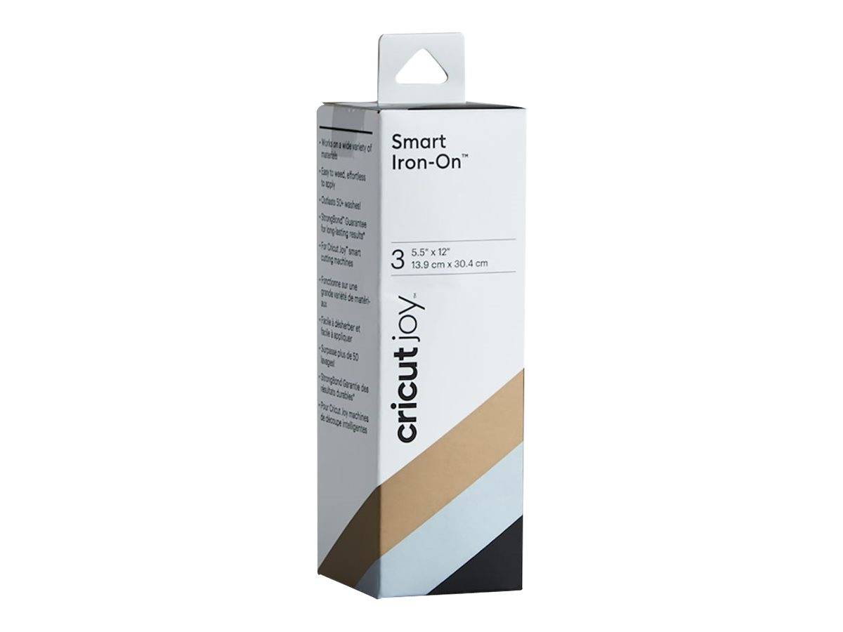 Cricut Smart Bügeleisen-Transferfolie Materialbox, weiße Verpackung mit beige und blauen diagonalen Streifen, beschriftet mit „3 5,5 x 12