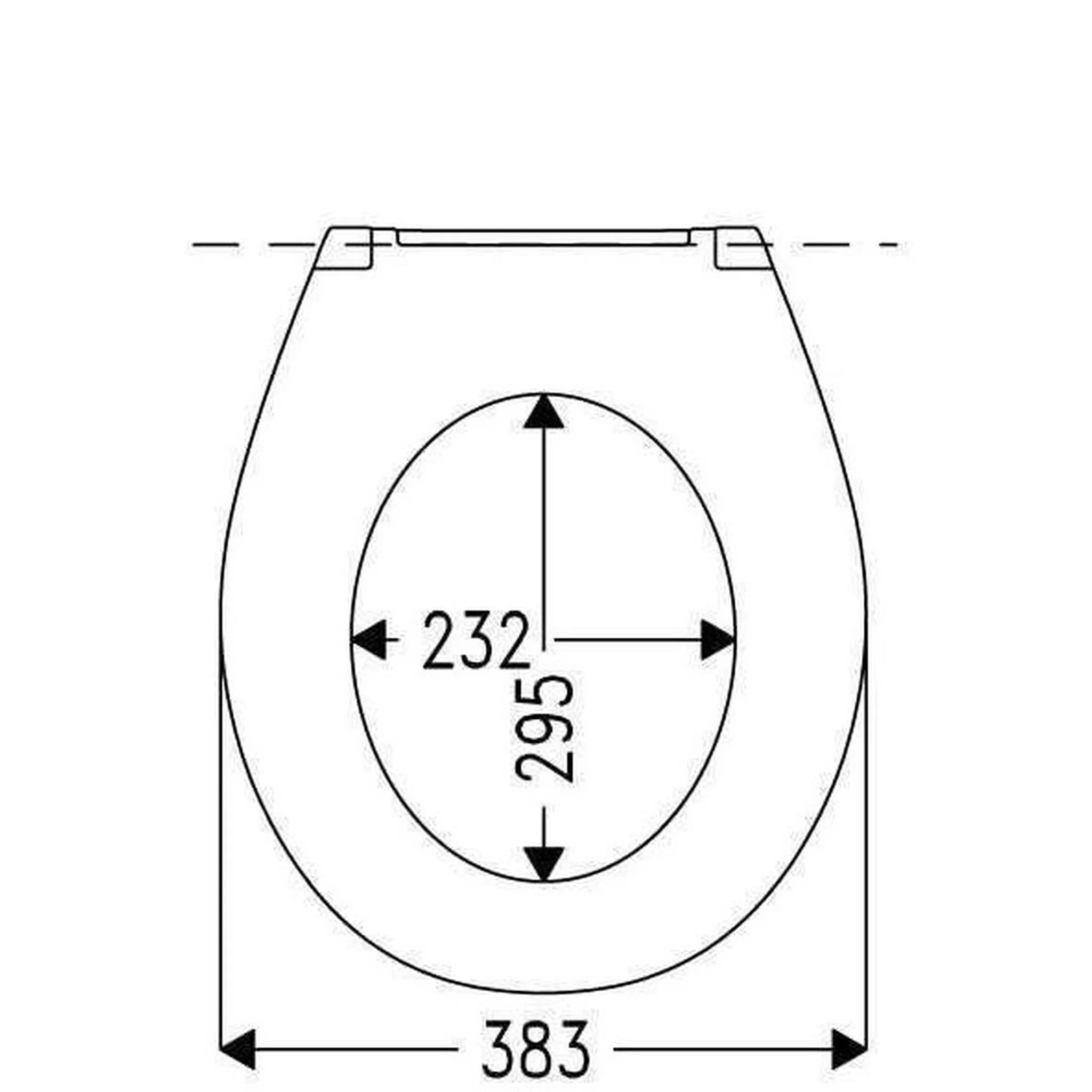 Technische Zeichnung einer Toilettensitzkontur mit gekennzeichneten Abmessungen: 383 mm Gesamtbreite, 295 mm Länge der inneren Öffnung und 232 mm Breite der inneren Öffnung.