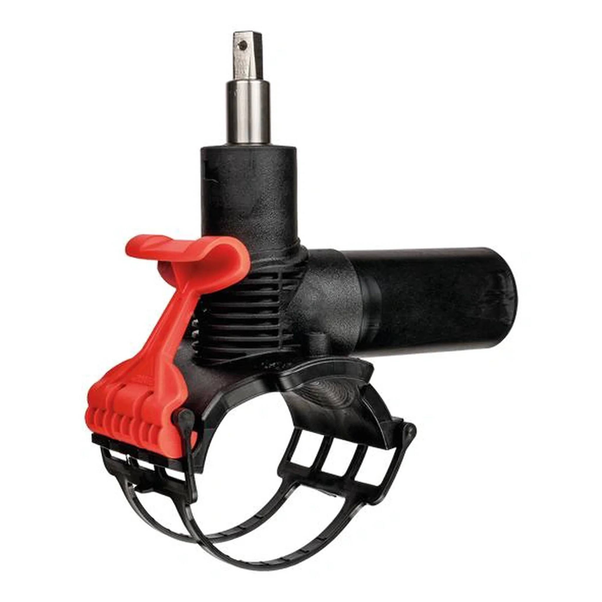 Schwarze Elektrobohrmaschine mit schwarzer und roter Sicherheitsgriffvorrichtung auf weißem Hintergrund.