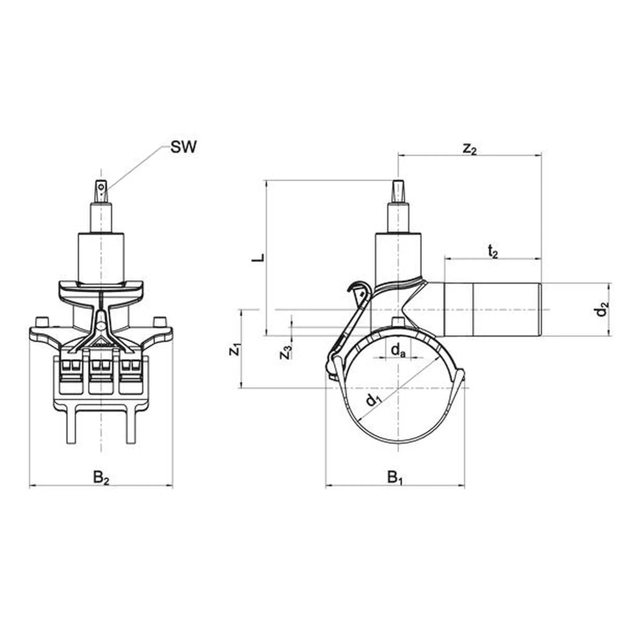 Technische Ingenieurzeichnung eines zangenähnlichen mechanischen Teils, dargestellt in Vorder- und Seitenansicht, mit gekennzeichneten Abmessungen wie B1, B2, L, d1, d2, z1, z2 und t2.