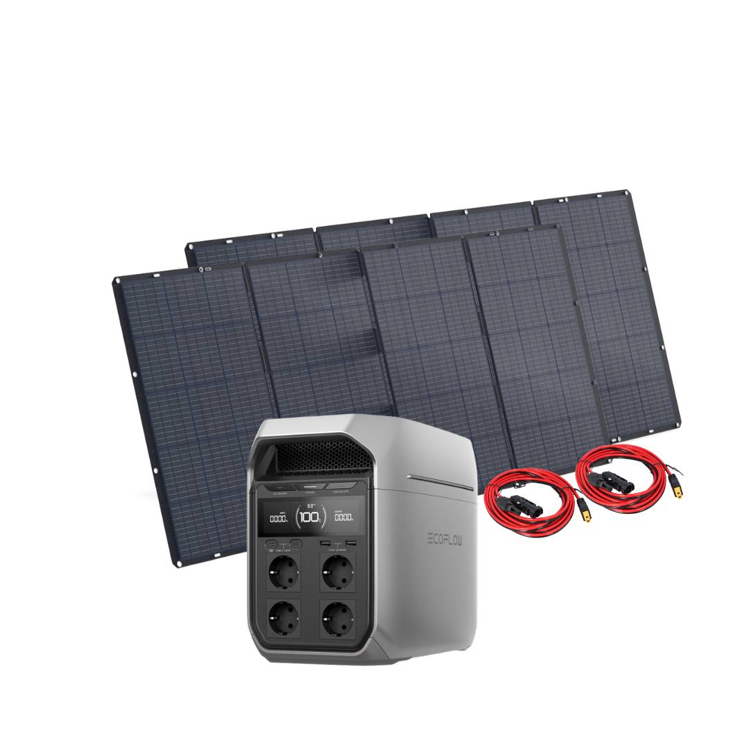 Tragbares Solarenergie-Set mit faltbaren Solarpanels, einer Powerstation und roten Kabeln auf weißem Hintergrund.