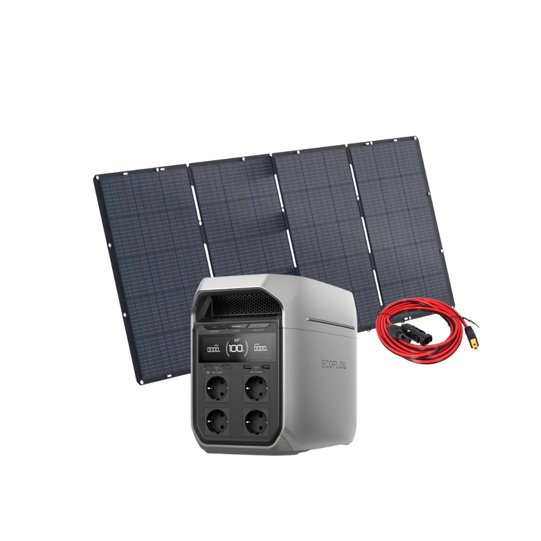 Tragbares Solarstrom-Set mit faltbaren Paneelen, einer grauen Stromstation und einem roten Ladekabel auf weißem Hintergrund.