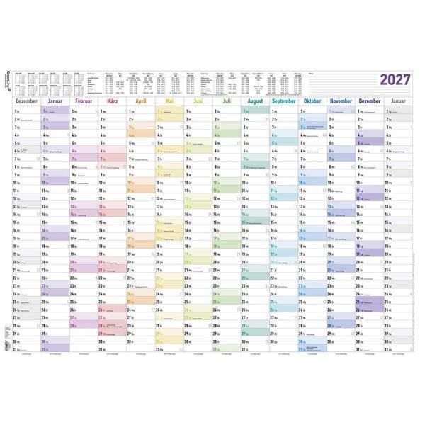 2027 Jahresübersicht Kalender-Raster mit Monaten von Dezember bis Januar, zeigt Daten in farbcodierten Spalten zur Planung.