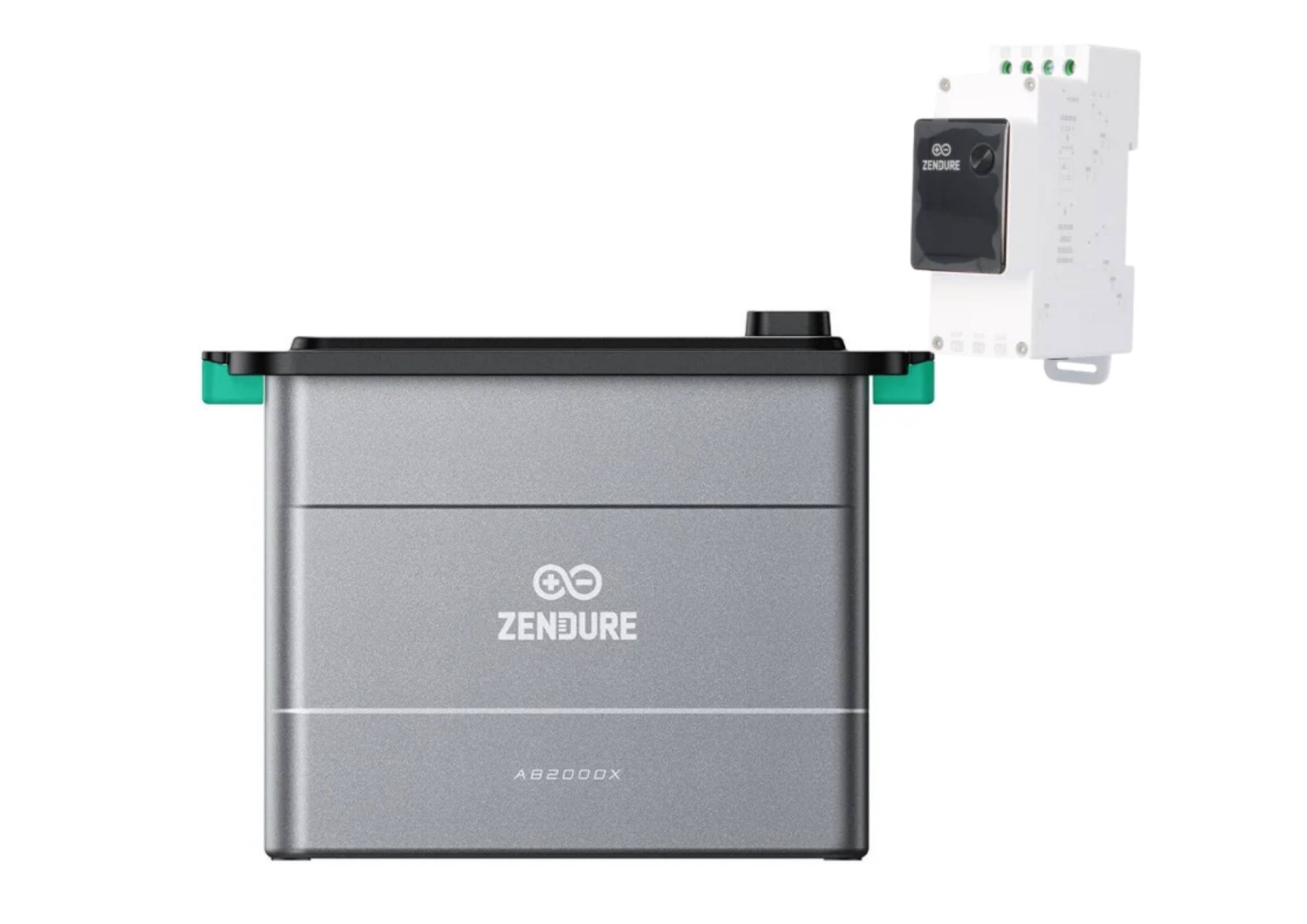 Zendure AB1000X Batteriemodul in Vorderansicht, mit einer kleinen weiß montierten Stromeinheit daneben abgebildet.