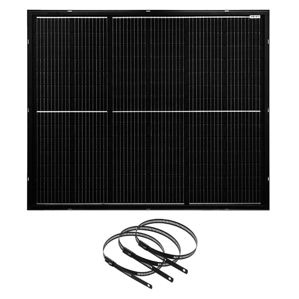 Schwarzes Solarpanel mit einem Set von aufgewickelten Befestigungsgurten oder Kabeln darunter, auf weißem Hintergrund dargestellt.